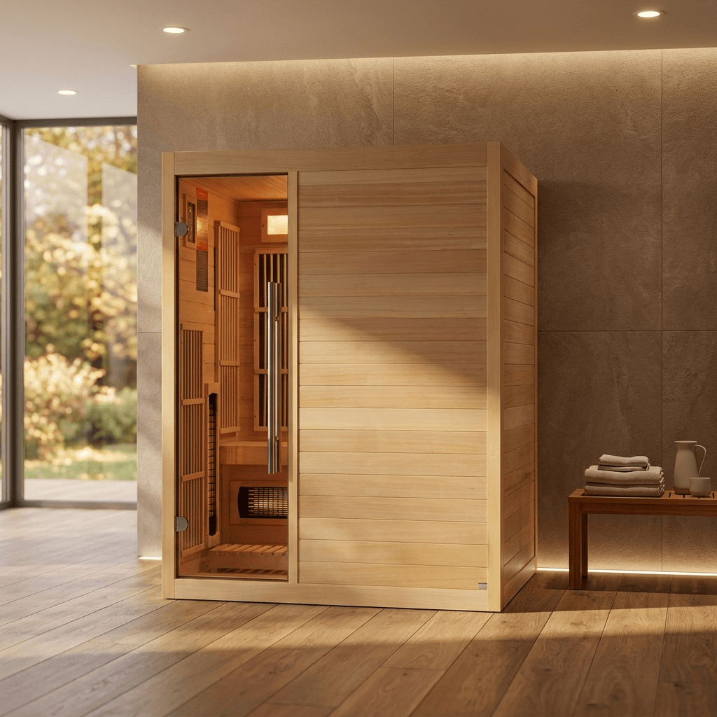 Golden Designs Soria hybrid sauna in a modern indoor spa room