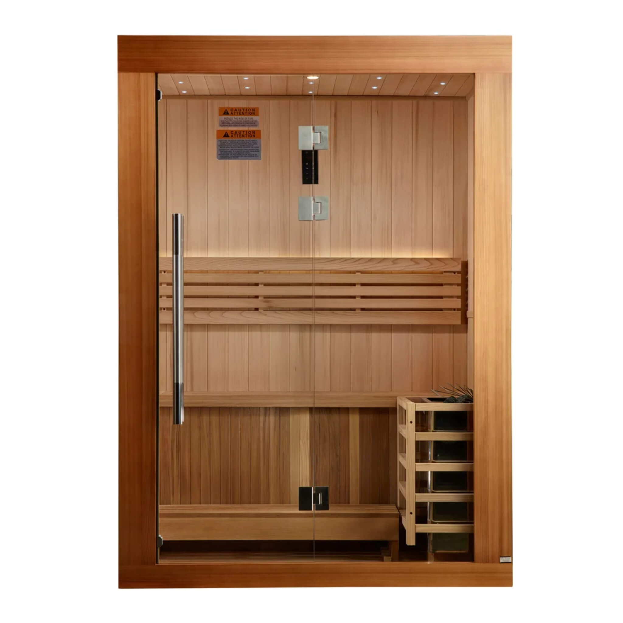 Golden Designs Sundsvall GDI-7289-02 2 person traditional steam sauna, front view with glass door and interior bench visible