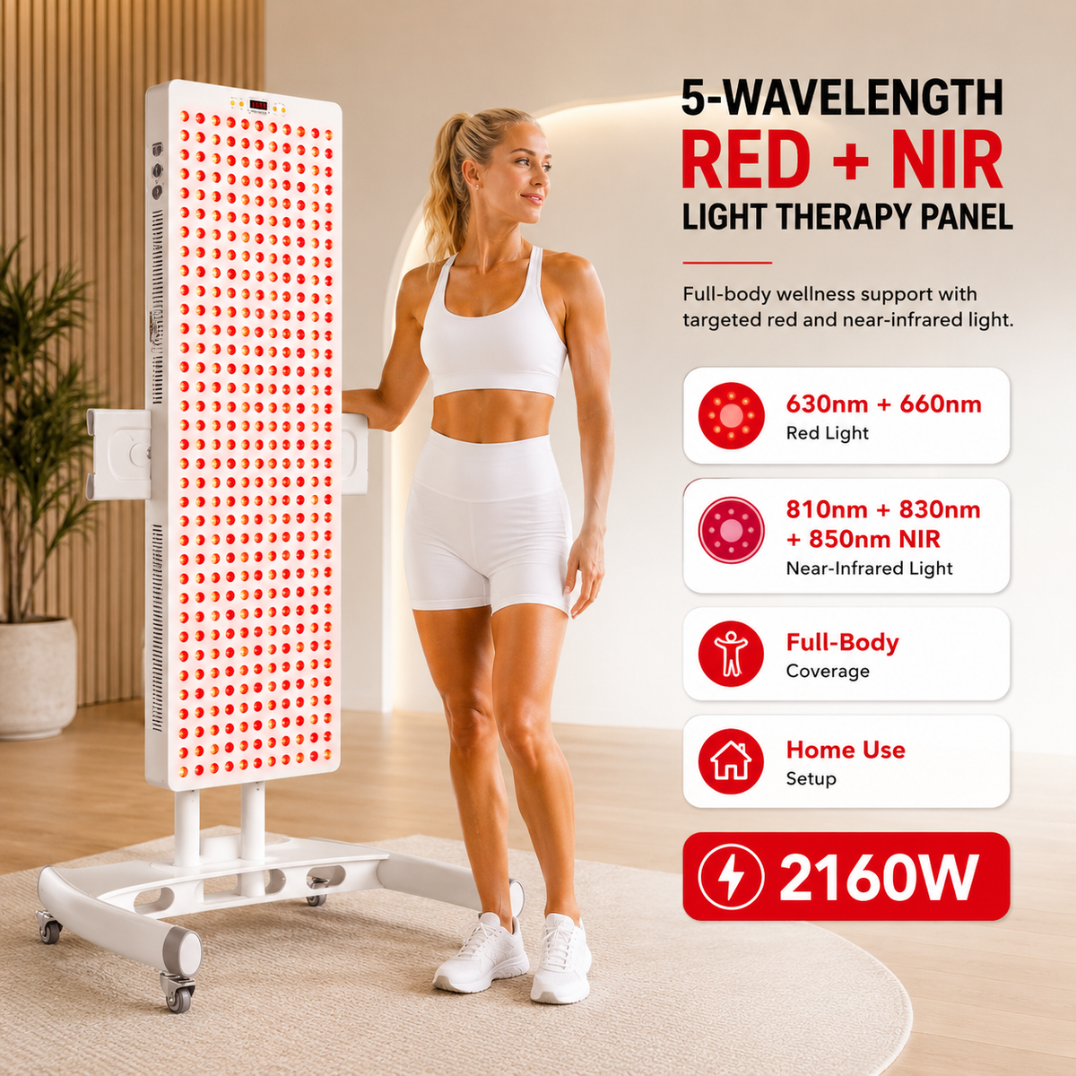 Woman standing in front of the iReliev Red Light & Near Infrared Therapy Panel Full Body 2160W with its 5 red and near infrared wavelengths