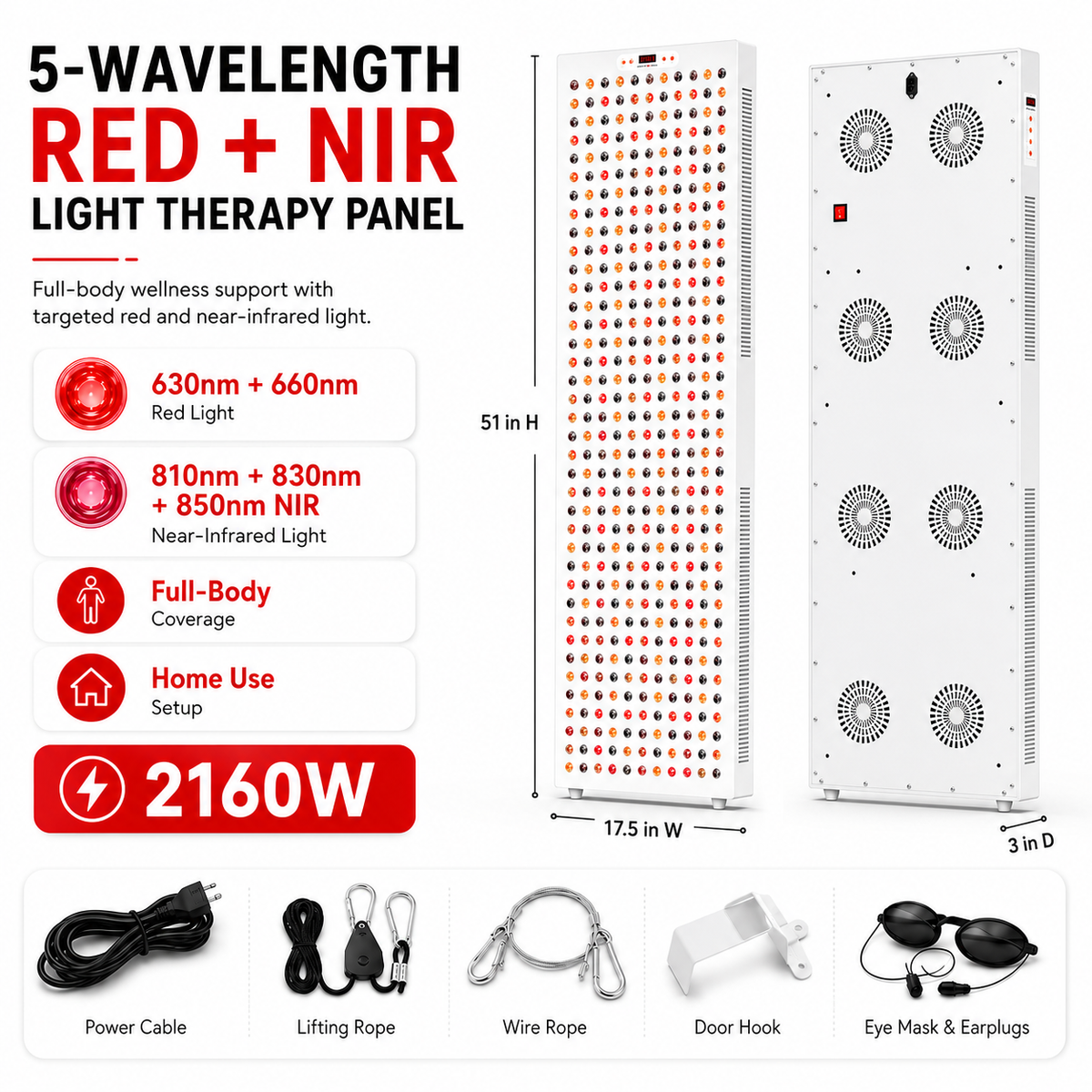 iReliev Red Light & Near Infrared Therapy Panel Full Body 2160W with included power cable ropes and door hooks