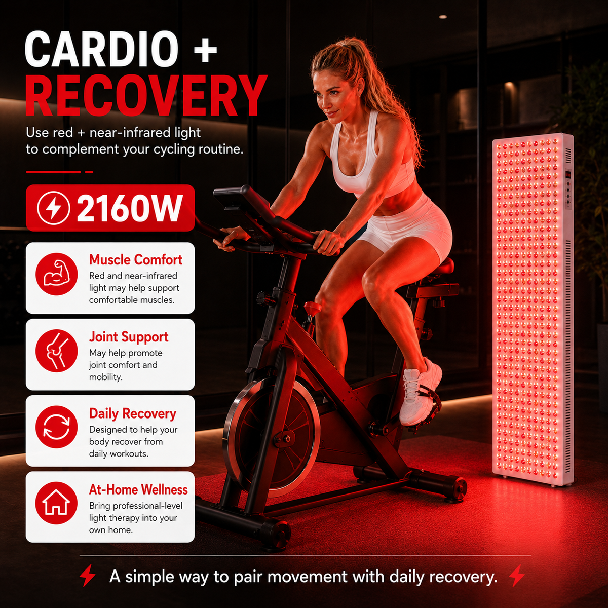 Woman on an exercise bike next to the iReliev Red Light & Near Infrared Therapy Panel Full Body 2160W