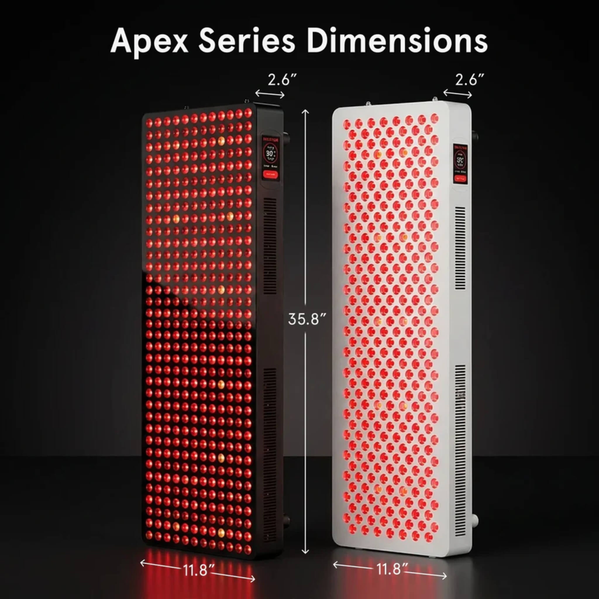 iRESTORE Apex Series panel dimensions, 35.8 inches tall, 11.8 inches wide, 2.6 inches deep