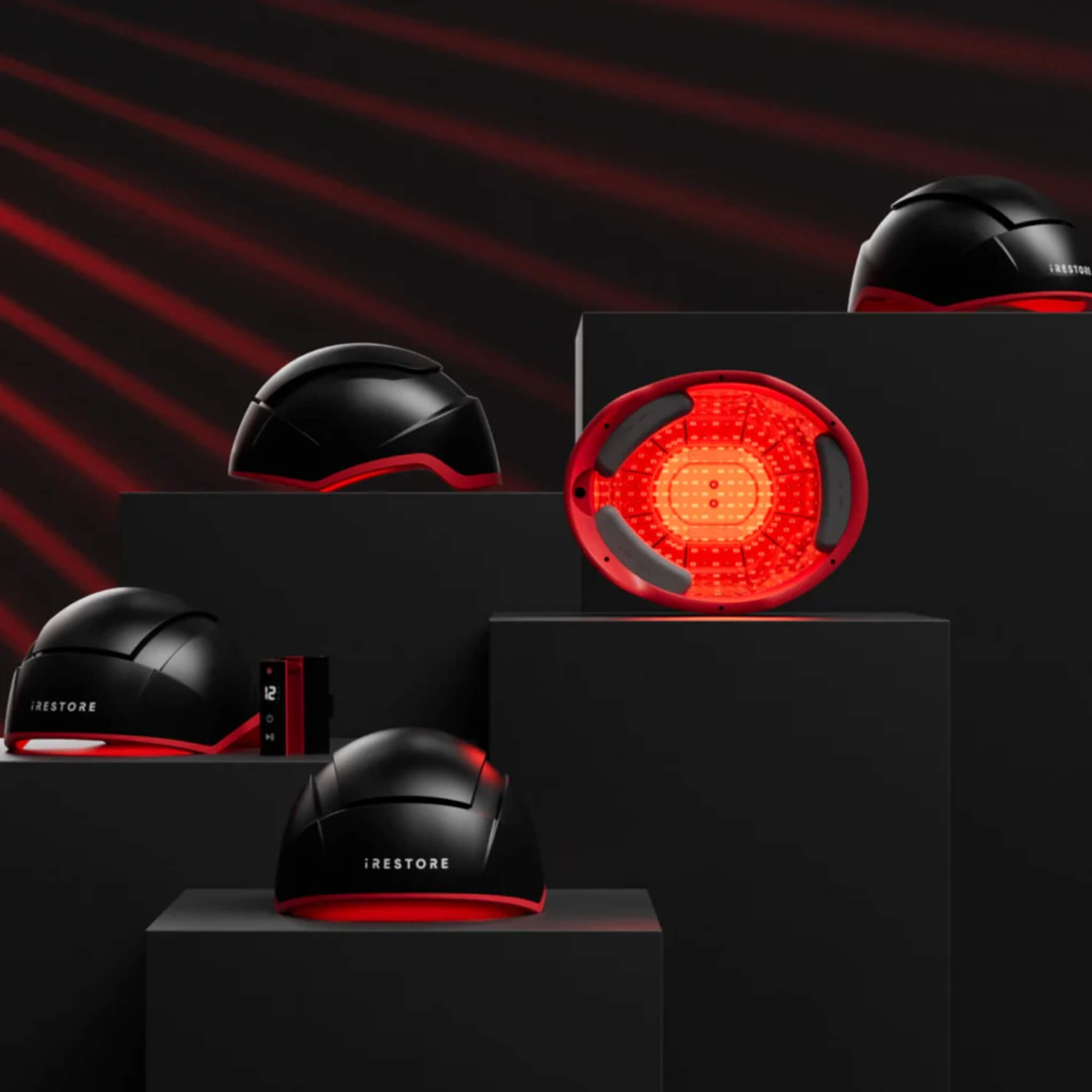 iRESTORE Elite laser hair growth helmet shown from multiple angles with red light illuminated interior