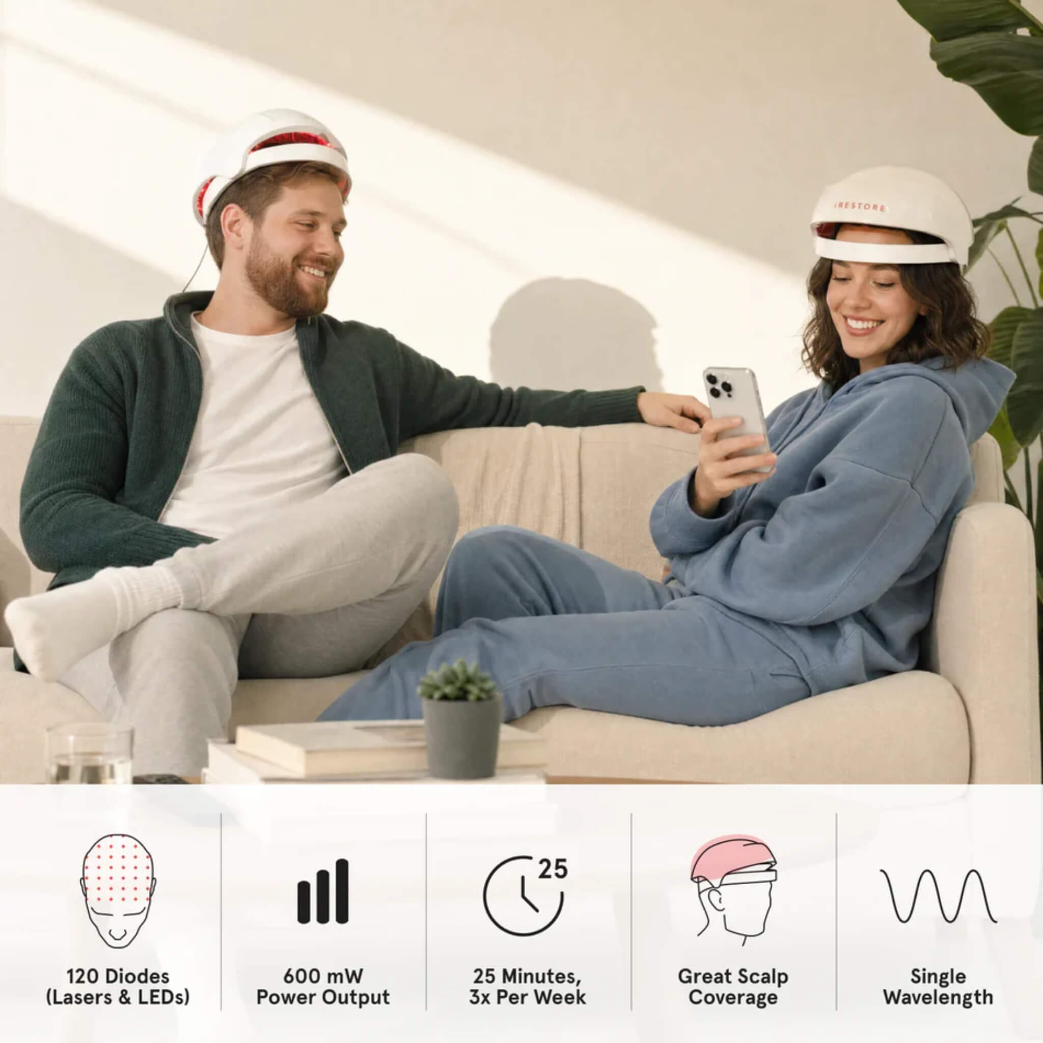 iRESTORE Essential specs showing 120 diodes, 600 mW power output, 25-minute sessions, and great scalp coverage