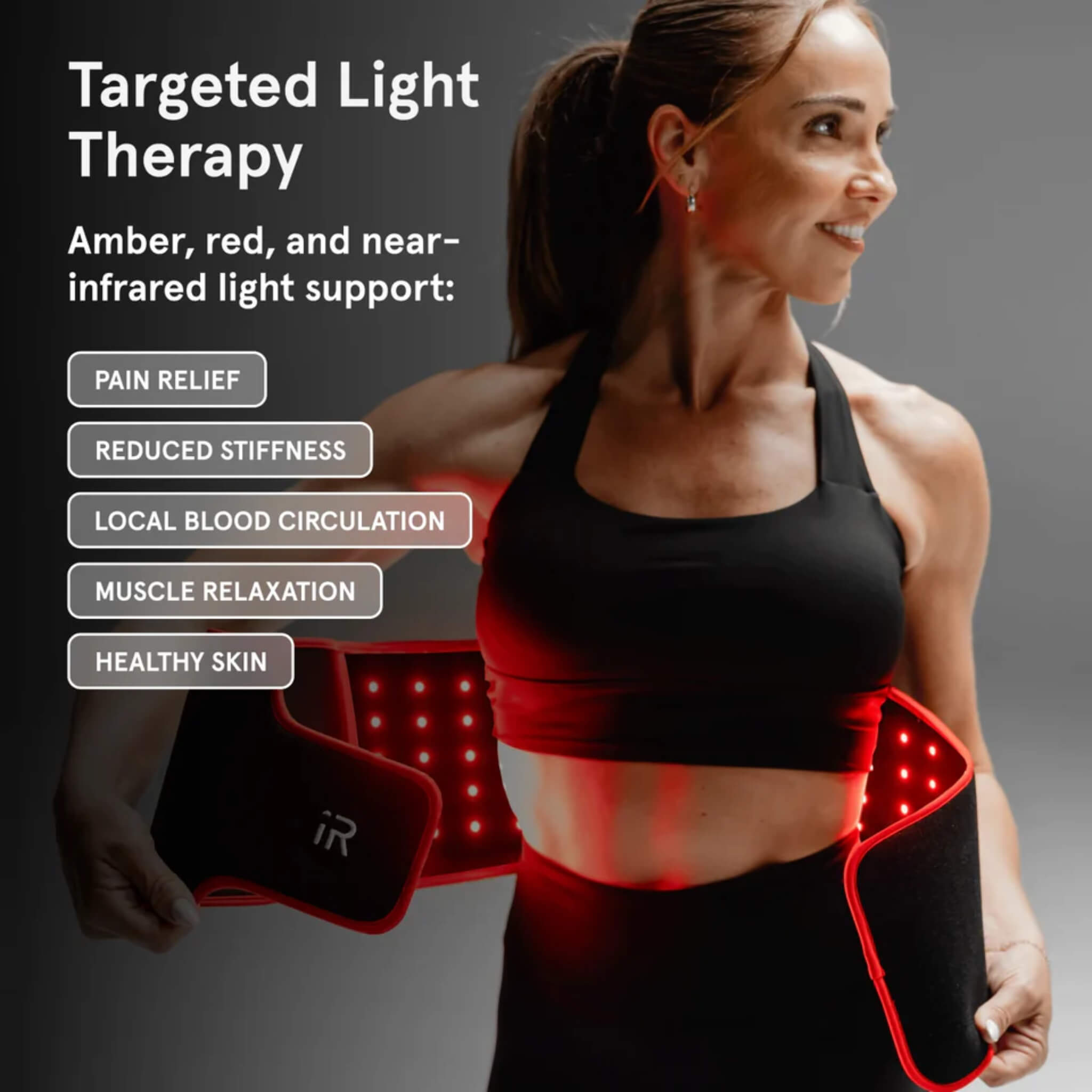 iRESTORE Flex LED Belt benefits from amber, red, and near-infrared light support, including pain relief, reduced stiffness, local blood circulation, muscle relaxation, and healthy skin