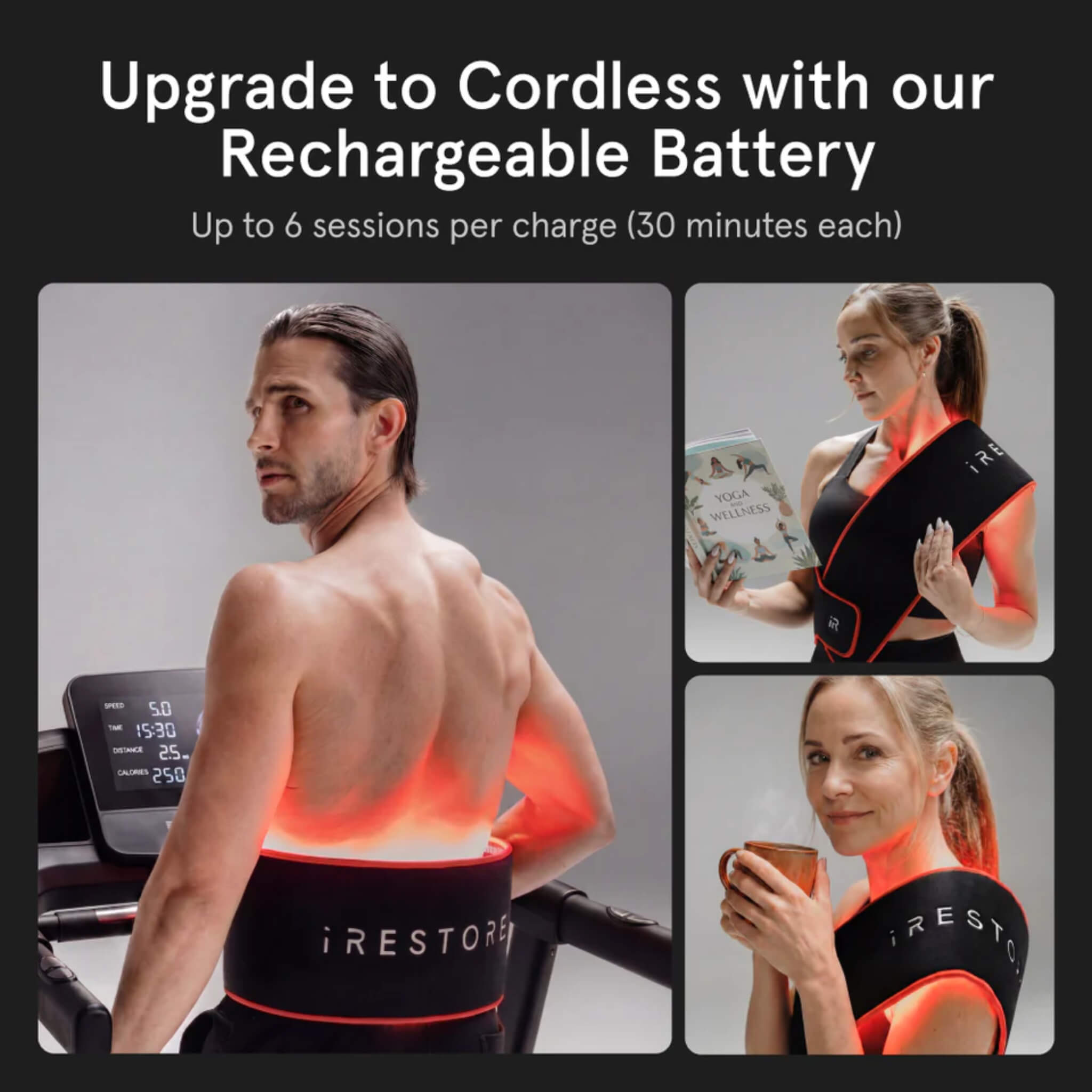 iRESTORE Sculpt LED Belt cordless rechargeable battery upgrade shown in use during exercise and everyday activities, up to 6 sessions per charge