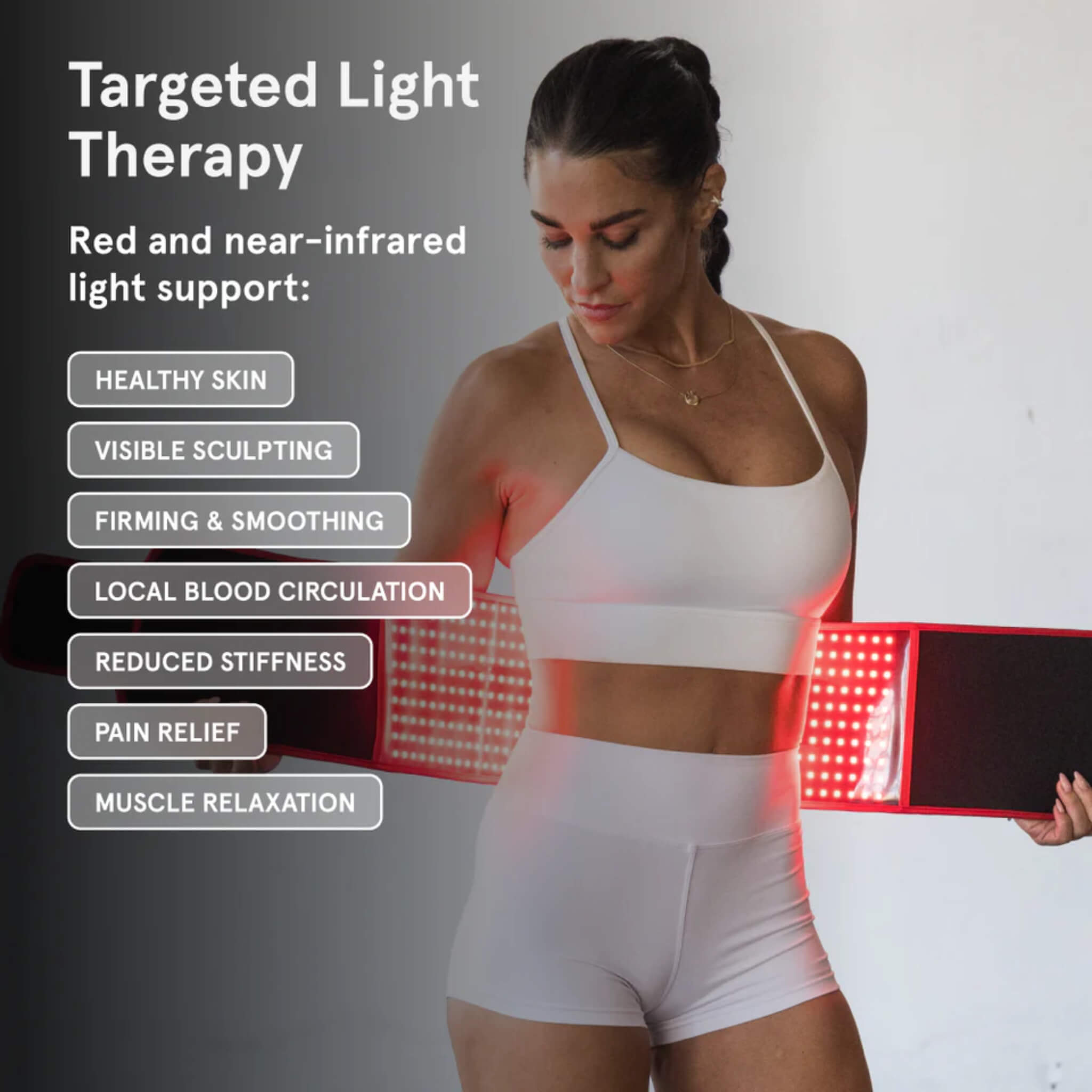 iRESTORE Sculpt LED Belt benefits from red and near-infrared light support, including healthy skin, visible sculpting, firming and smoothing, local blood circulation, reduced stiffness, pain relief, and muscle relaxation