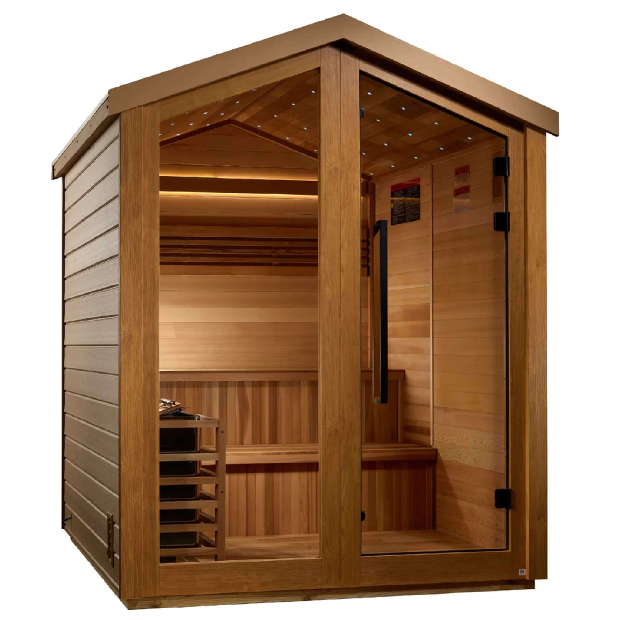 Kaarina 6 Person Barn Sauna angled view showing the weatherproof exterior siding on the left side wall and interior bench through the glass door