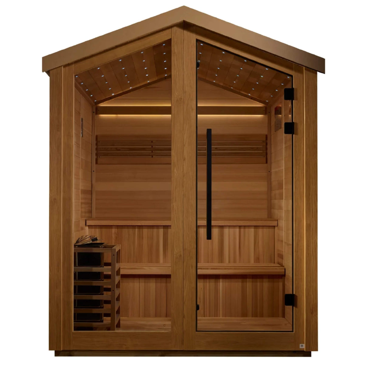 Kaarina 6 Person Barn Sauna straight front view showing the peaked roofline, galaxy star ceiling, and cedar interior through the glass door