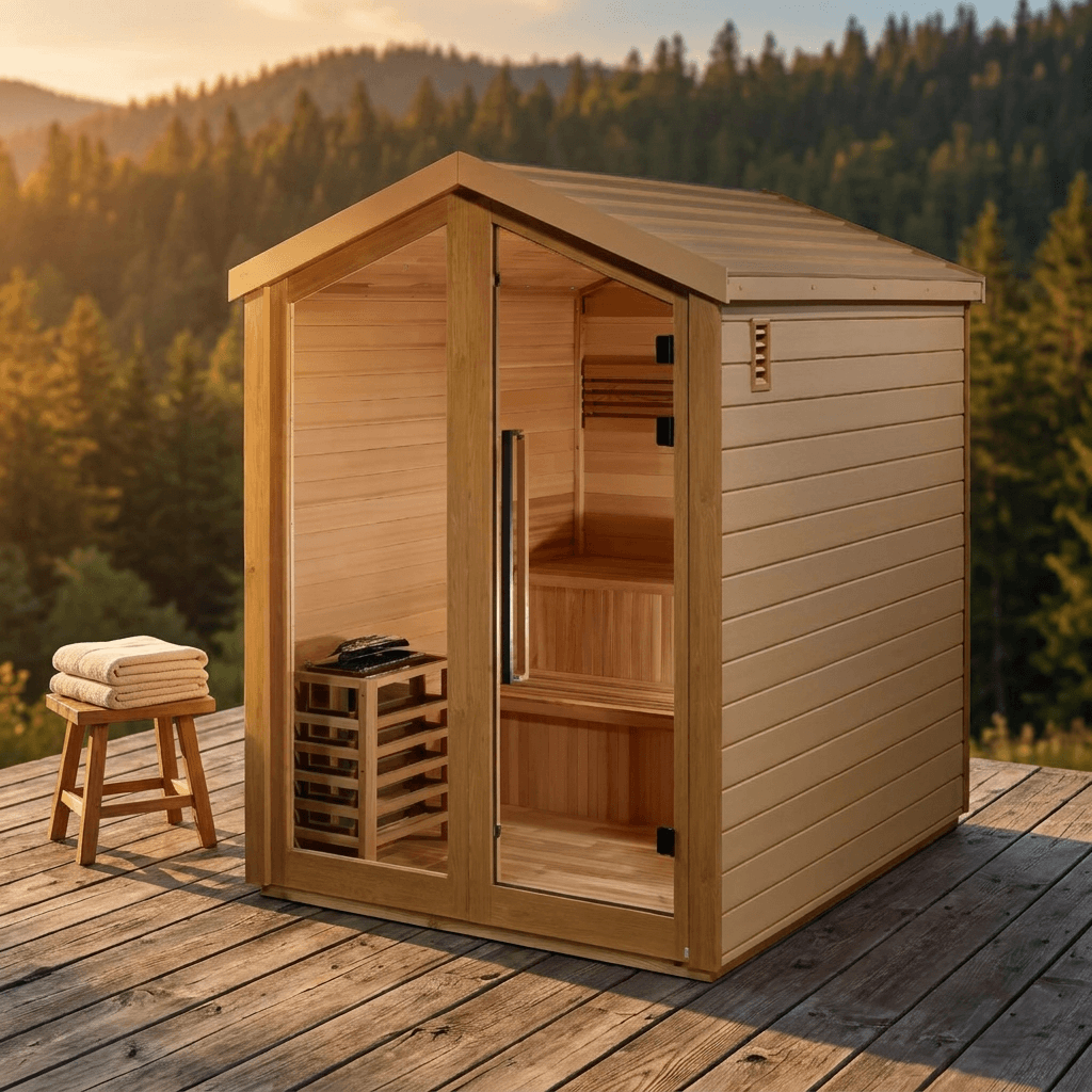 Kaarina 6 Person Barn Sauna on a mountain deck at sunset with folded towels on a stool nearby