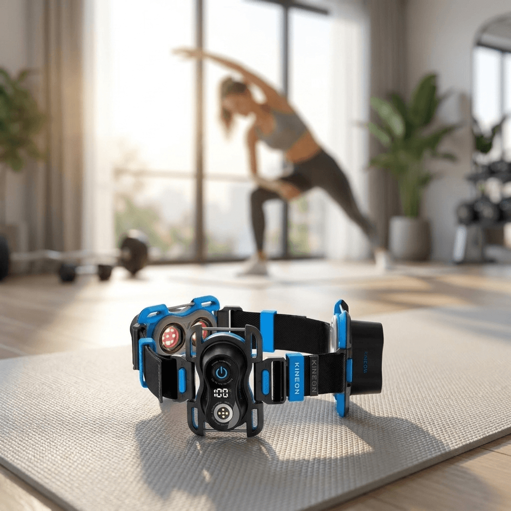 Kineon MOVE+ Pro wearable red light and laser therapy device resting on a yoga mat in a home gym