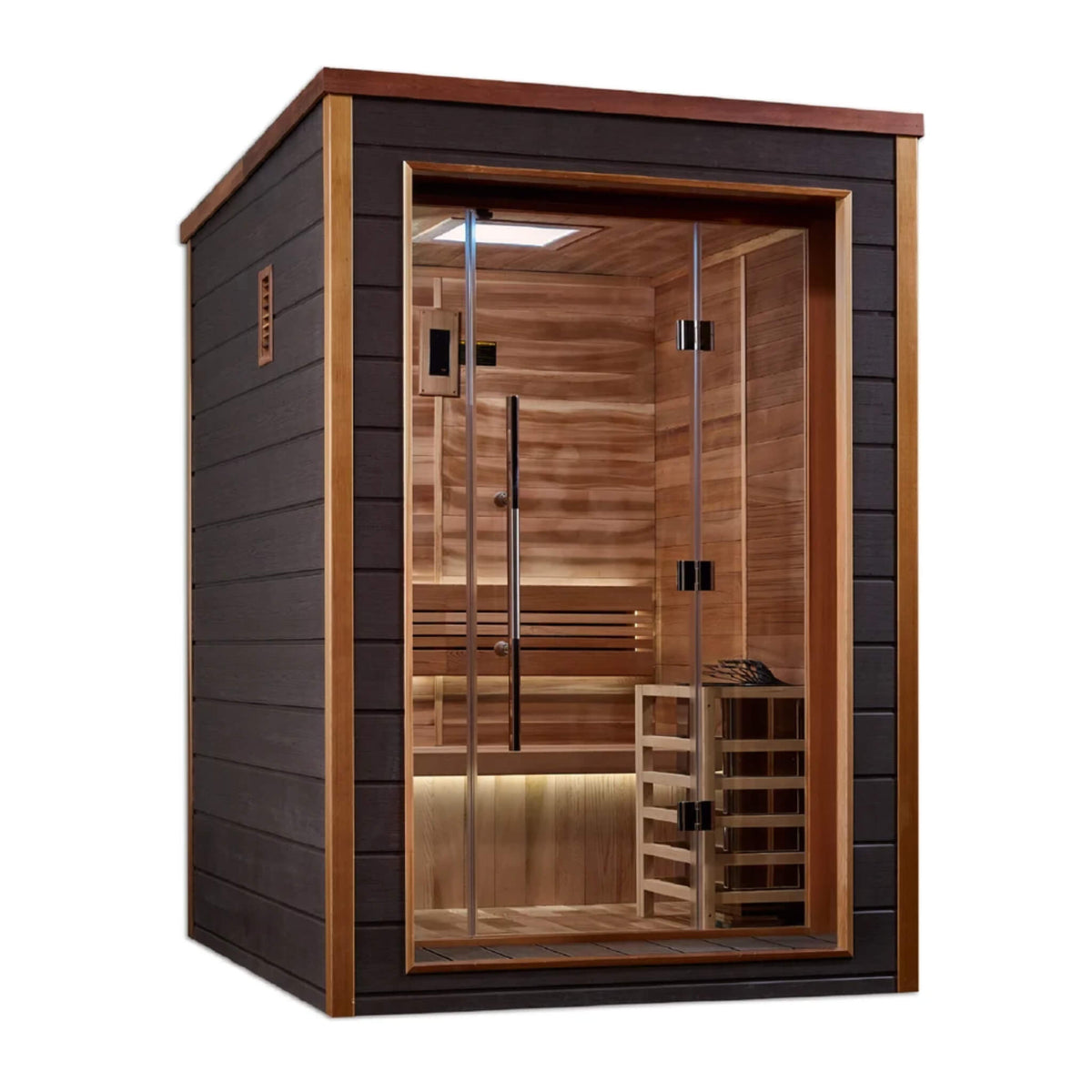 Narvik 2 Person Outdoor-Indoor Sauna angled view showing the interior bench and heater through the glass door