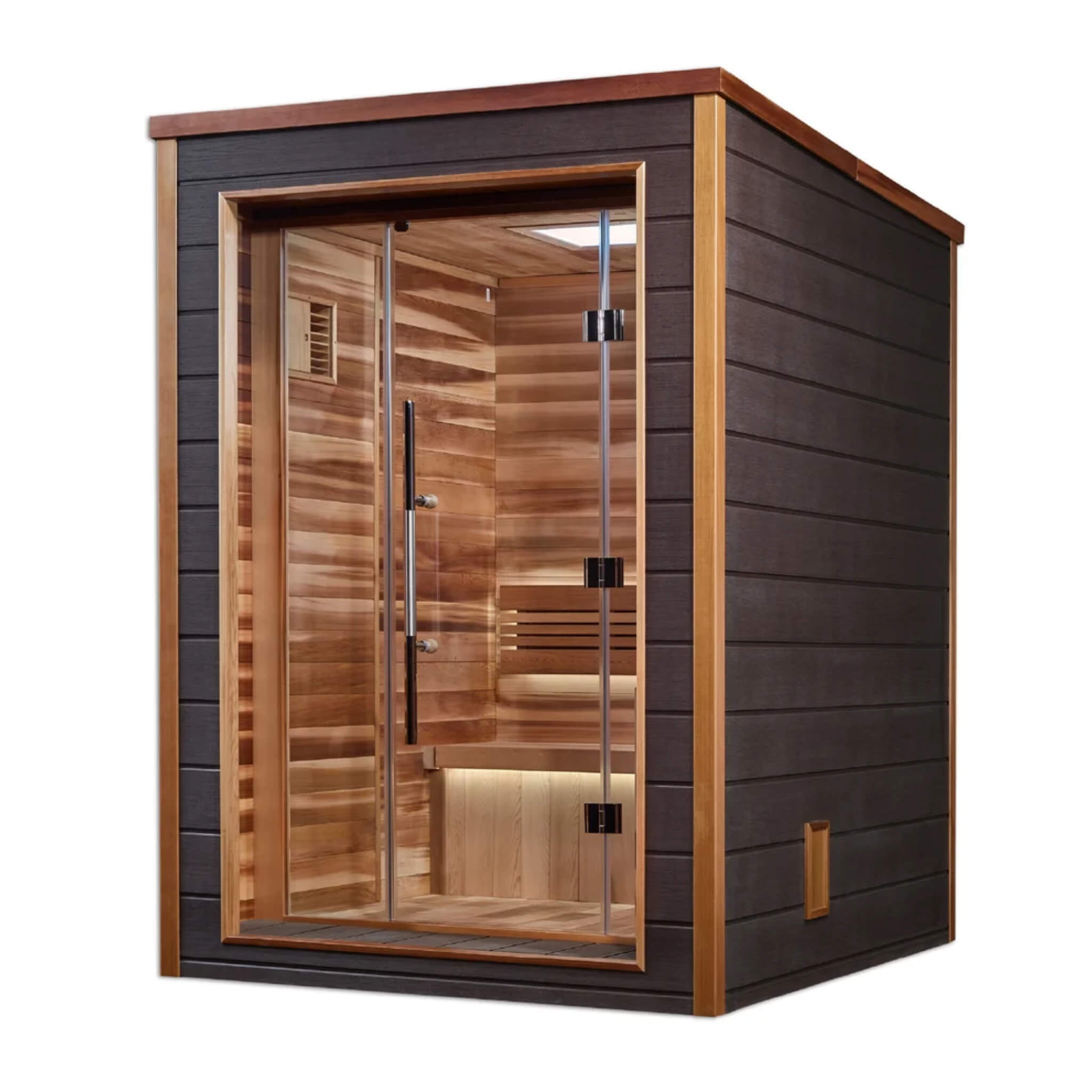 Narvik 2 Person Outdoor-Indoor Sauna angled view from the opposite side showing the interior bench and control panel