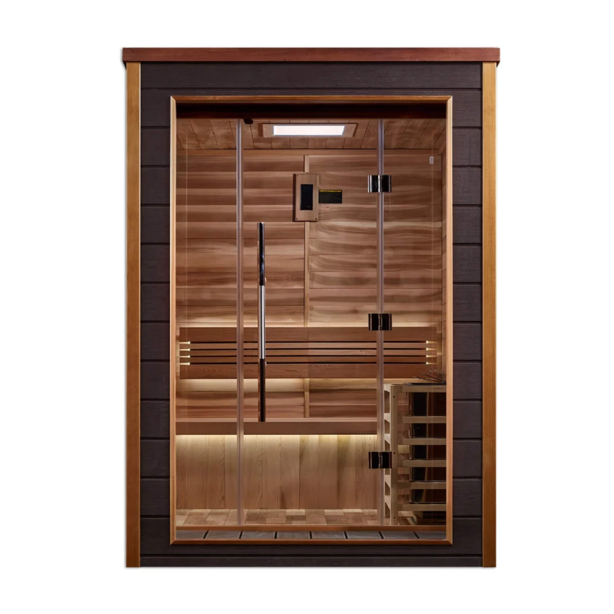 Narvik 2 Person Outdoor-Indoor Sauna straight front view showing the interior bench and heater through the glass door