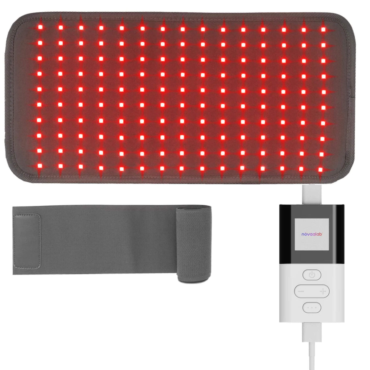 NovaaLab Novaa Light Pad laid flat with the red LEDs lit, the stretchy strap and the remote control