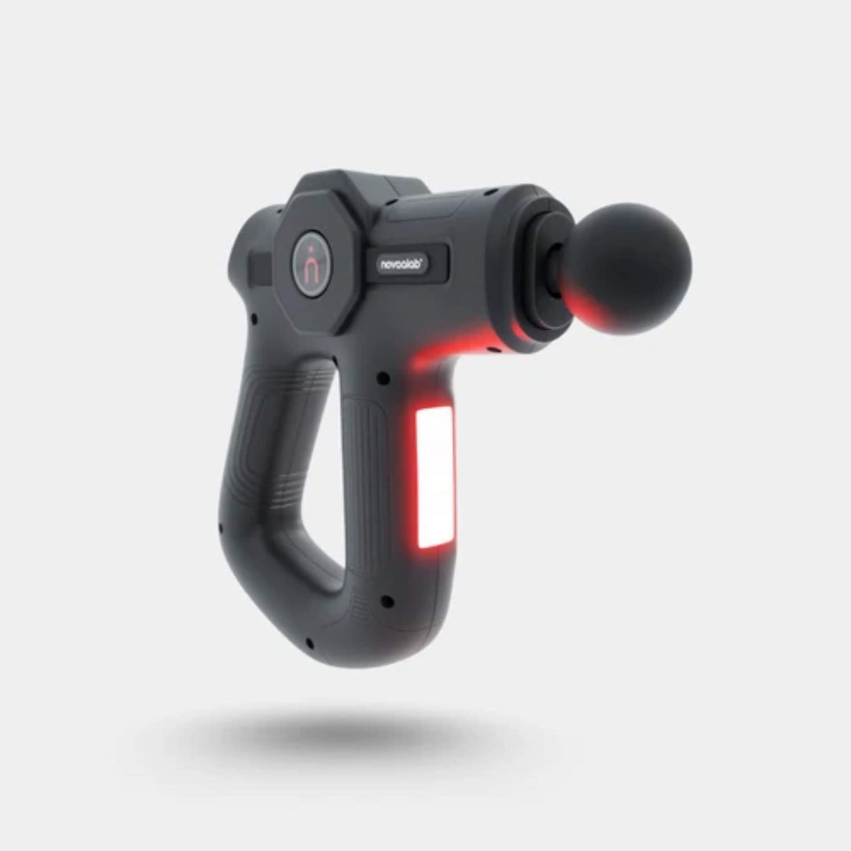 NovaaLab Novaa Pulse R percussion massage gun in black with the round head and red light on