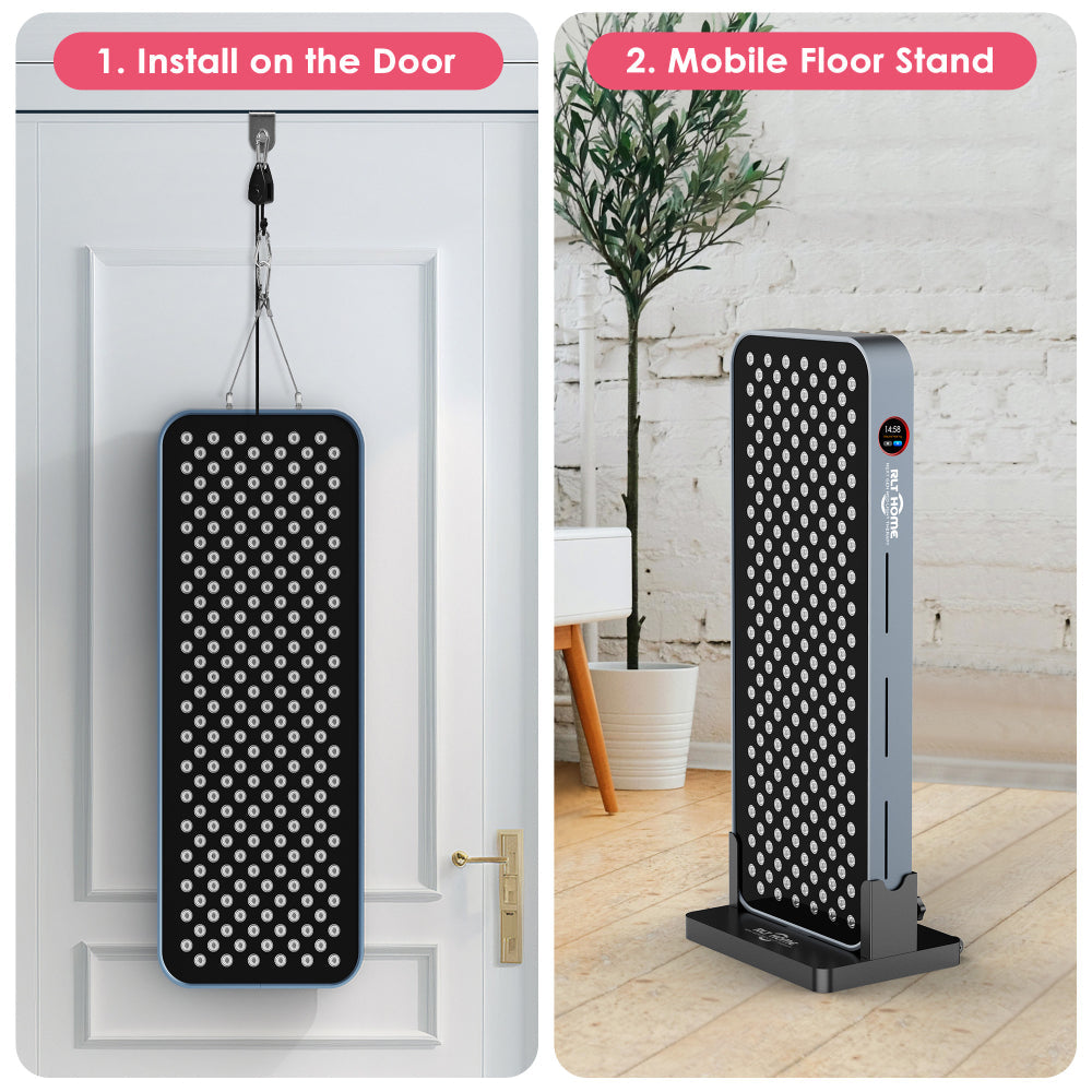 RLT Home Total Spectrum COMPACT Red Light Therapy Device shown hung on a door and standing on its vertical stand