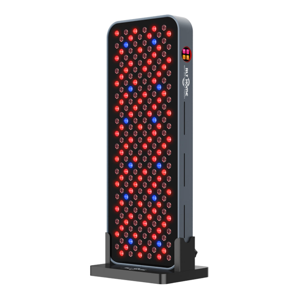 RLT Home Total Spectrum COMPACT Red Light Therapy Device front view with red and blue LEDs lit on its vertical stand