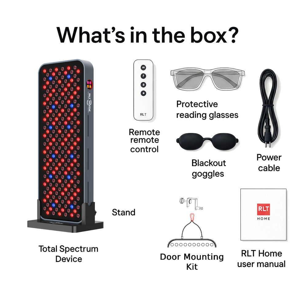 RLT Home Total Spectrum COMPACT Red Light Therapy Device box contents with stand remote glasses goggles door hanging kit manual and power cable