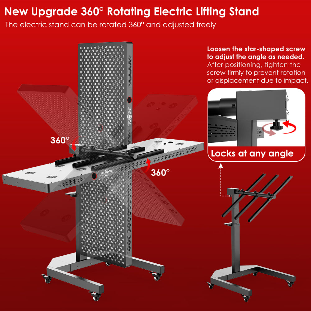 RLT Home Total Spectrum ELITE Red Light Therapy Device electric lifting stand shown locking at different angles
