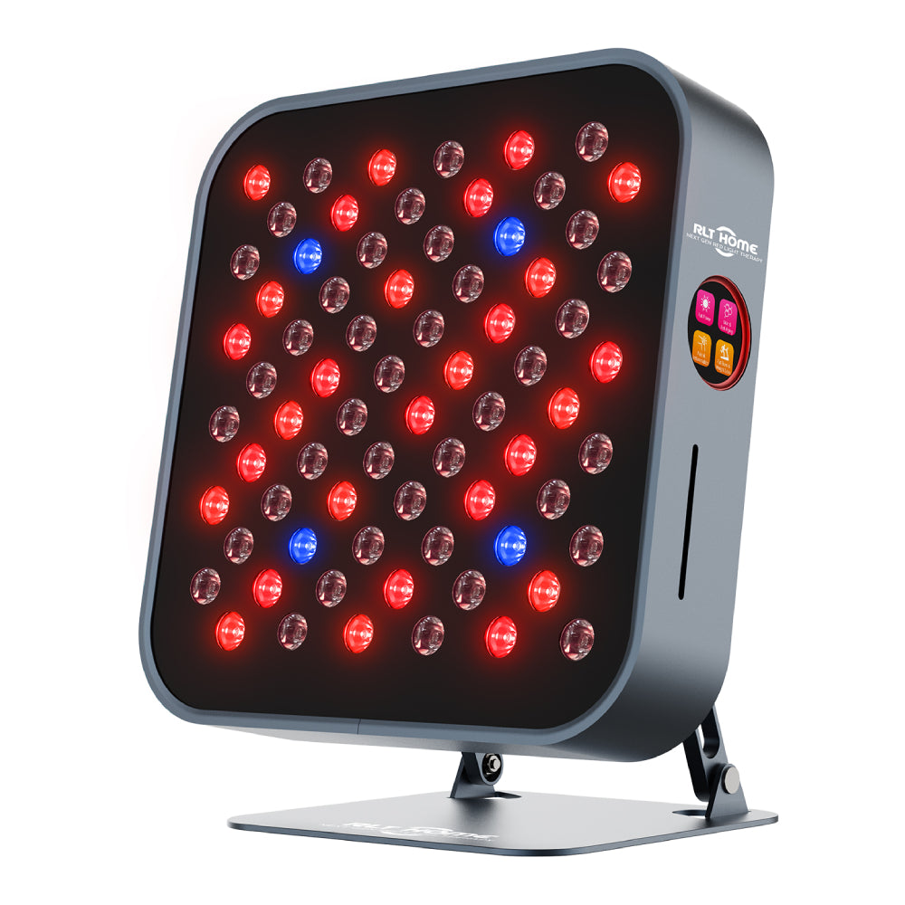 RLT Home Total Spectrum MINI Red Light Therapy Device front view with red and blue LEDs lit on its table-top stand