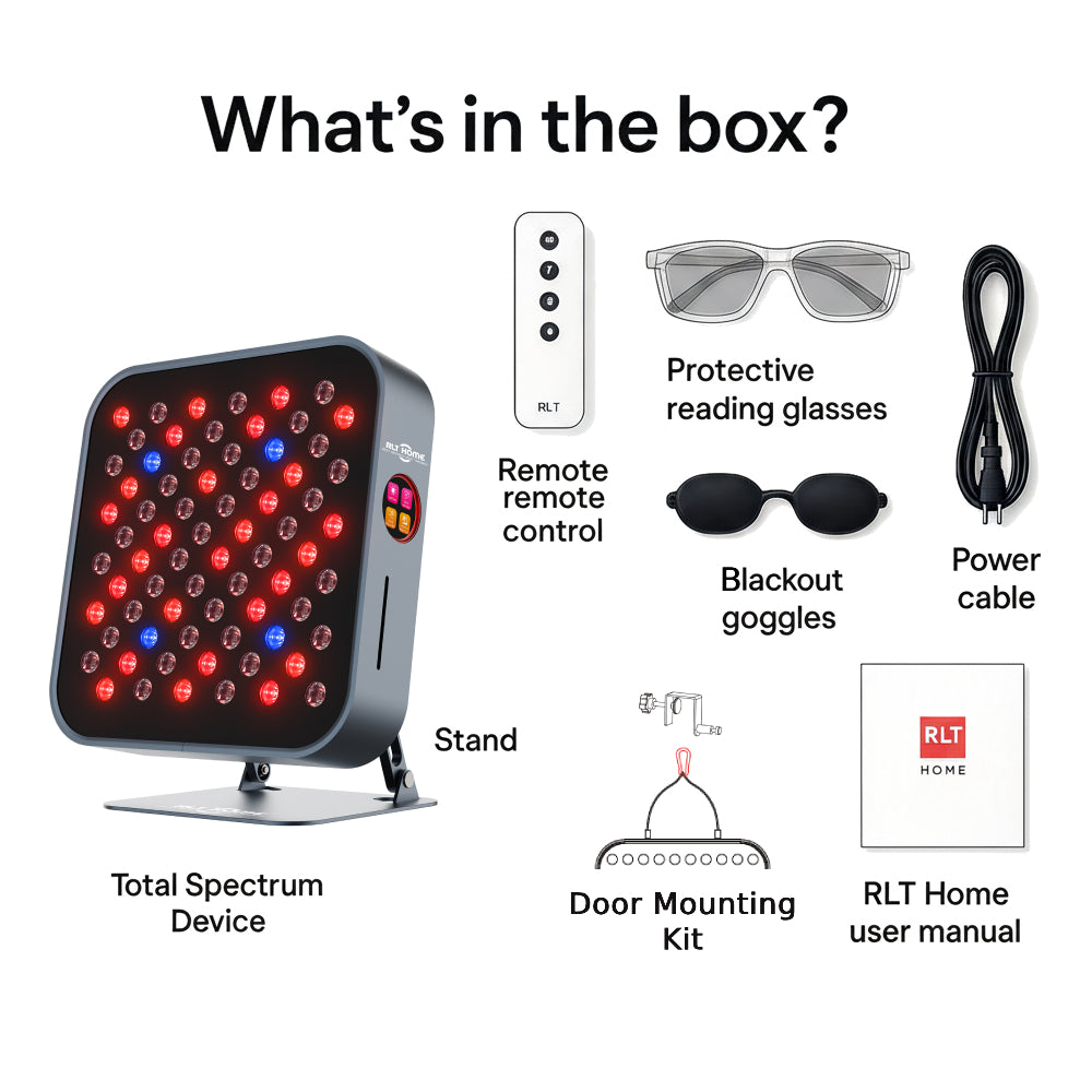 RLT Home Total Spectrum MINI Red Light Therapy Device box contents with stand remote glasses goggles door hanging kit manual and power cable