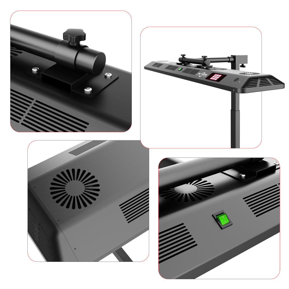 RLT Home Total Spectrum ULTRA Red Light Therapy Device close up details of the stand mount and panel controls