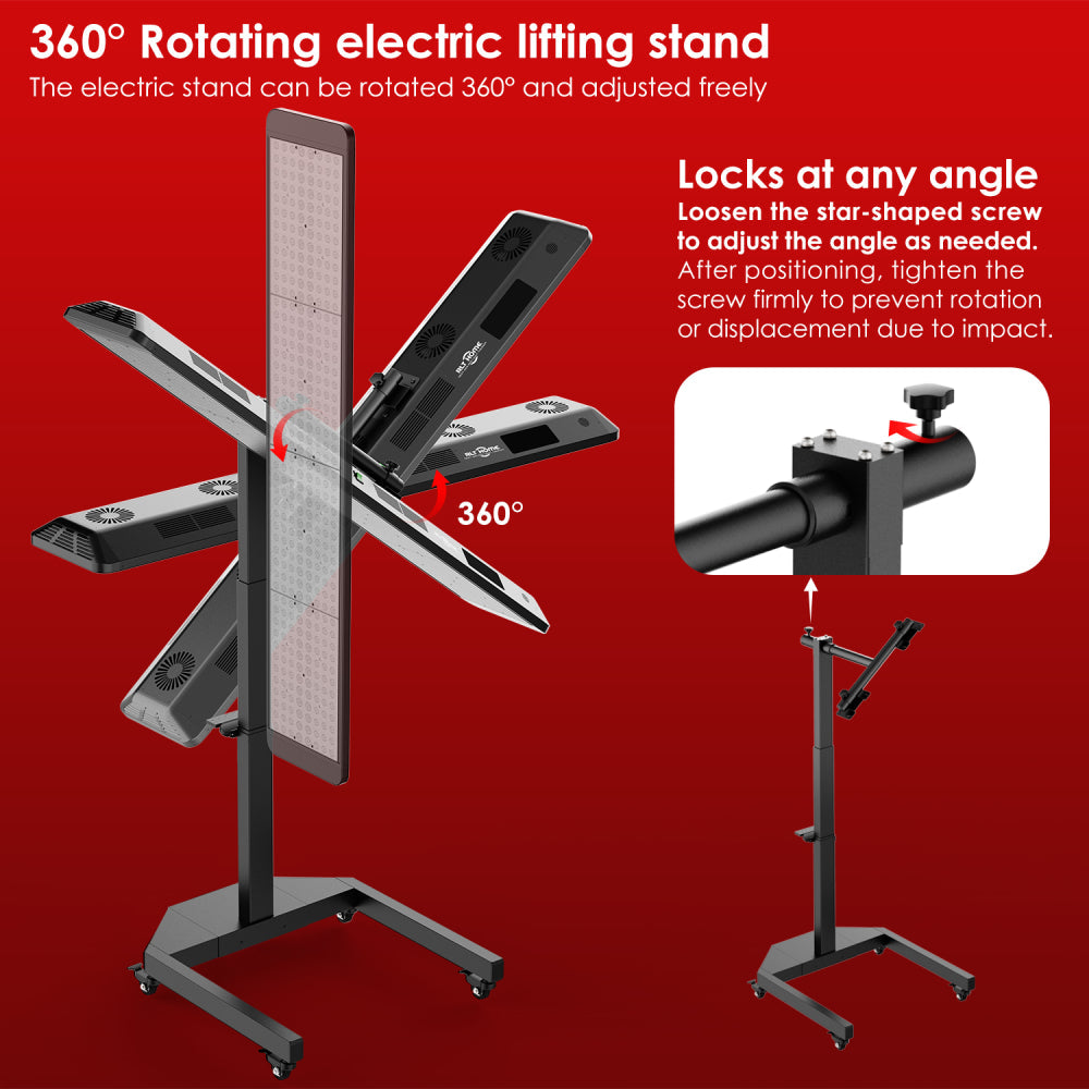 RLT Home Total Spectrum ULTRA Red Light Therapy Device electric lifting stand shown locking at different angles