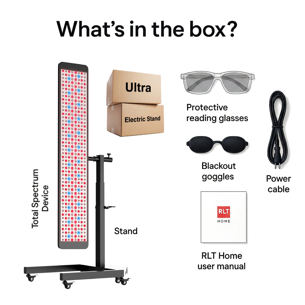 RLT Home Total Spectrum ULTRA Red Light Therapy Device box contents with electric stand glasses goggles manual and power cable