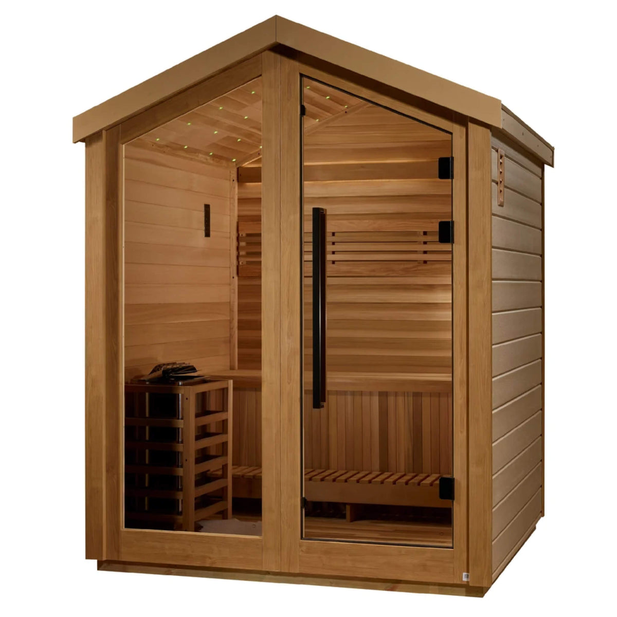 Savonlinna 3 Person Barn Sauna angled view showing the weatherproof exterior siding and interior bench through the glass door