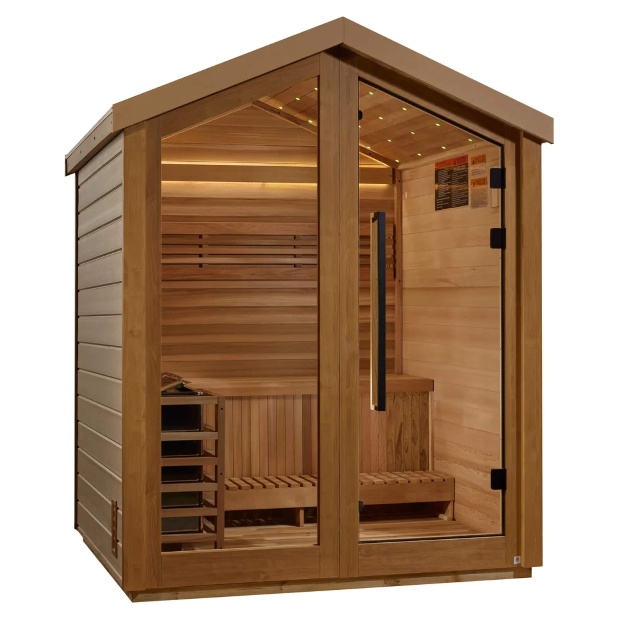 Savonlinna 3 Person Barn Sauna angled view showing the weatherproof exterior siding and interior bench through the glass door