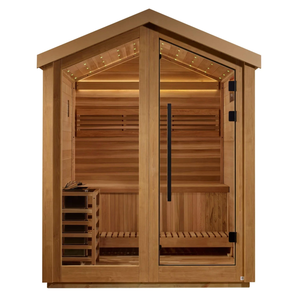 Savonlinna 3 Person Barn Sauna straight front view showing the peaked roofline and interior bench through the glass door