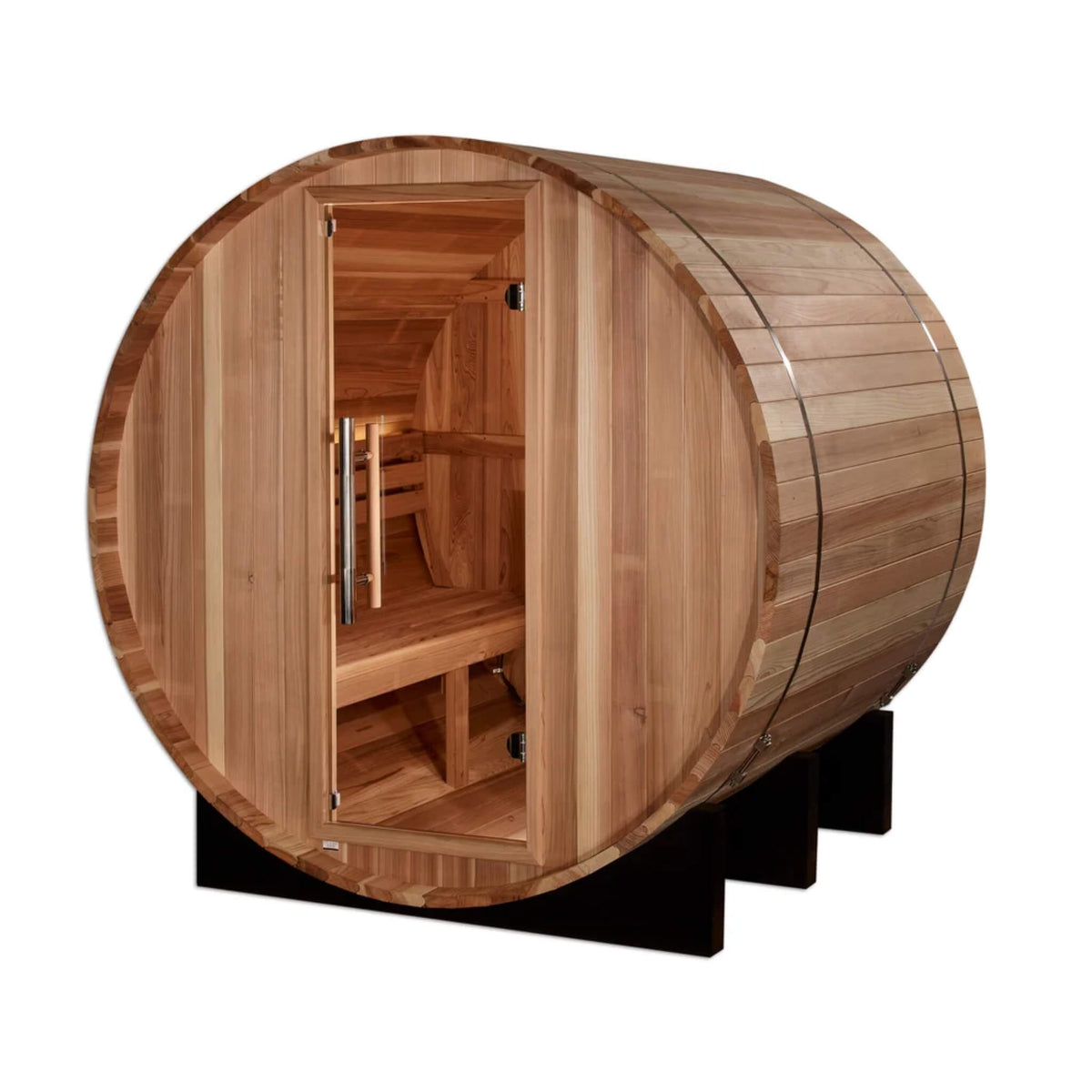 St. Moritz 2 Person Barrel Sauna angled view showing the interior bench and heater through the glass door