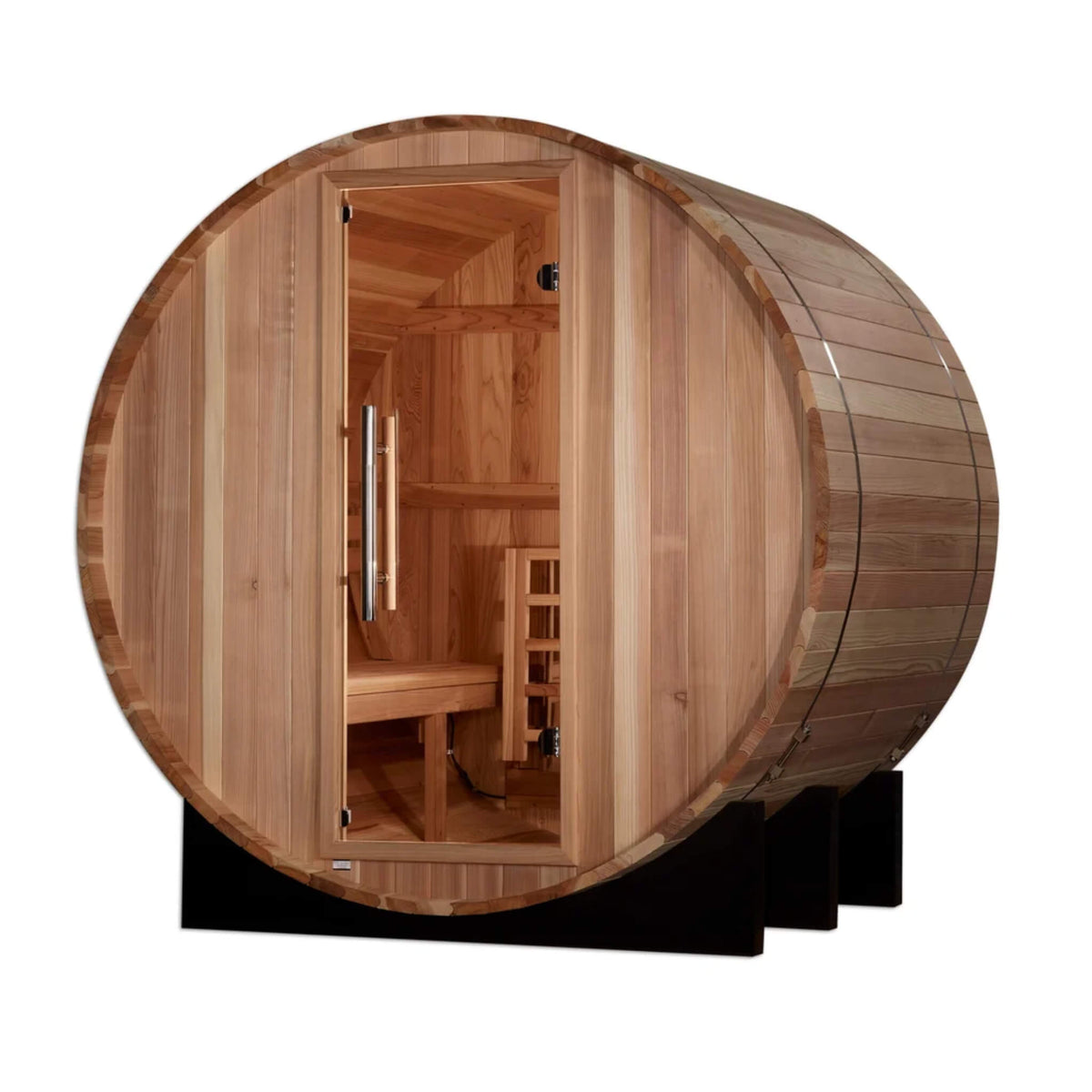 St. Moritz 2 Person Barrel Sauna angled view showing the interior backrest and heater through the glass door