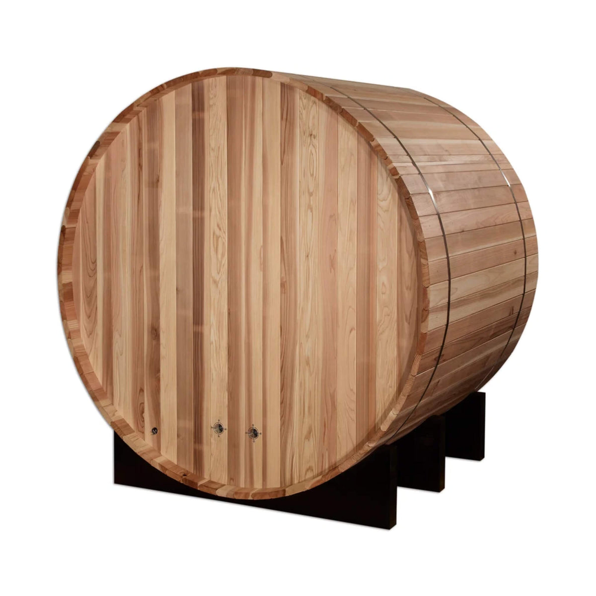 St. Moritz 2 Person Barrel Sauna rear exterior view showing the wood stave construction and wall connectors