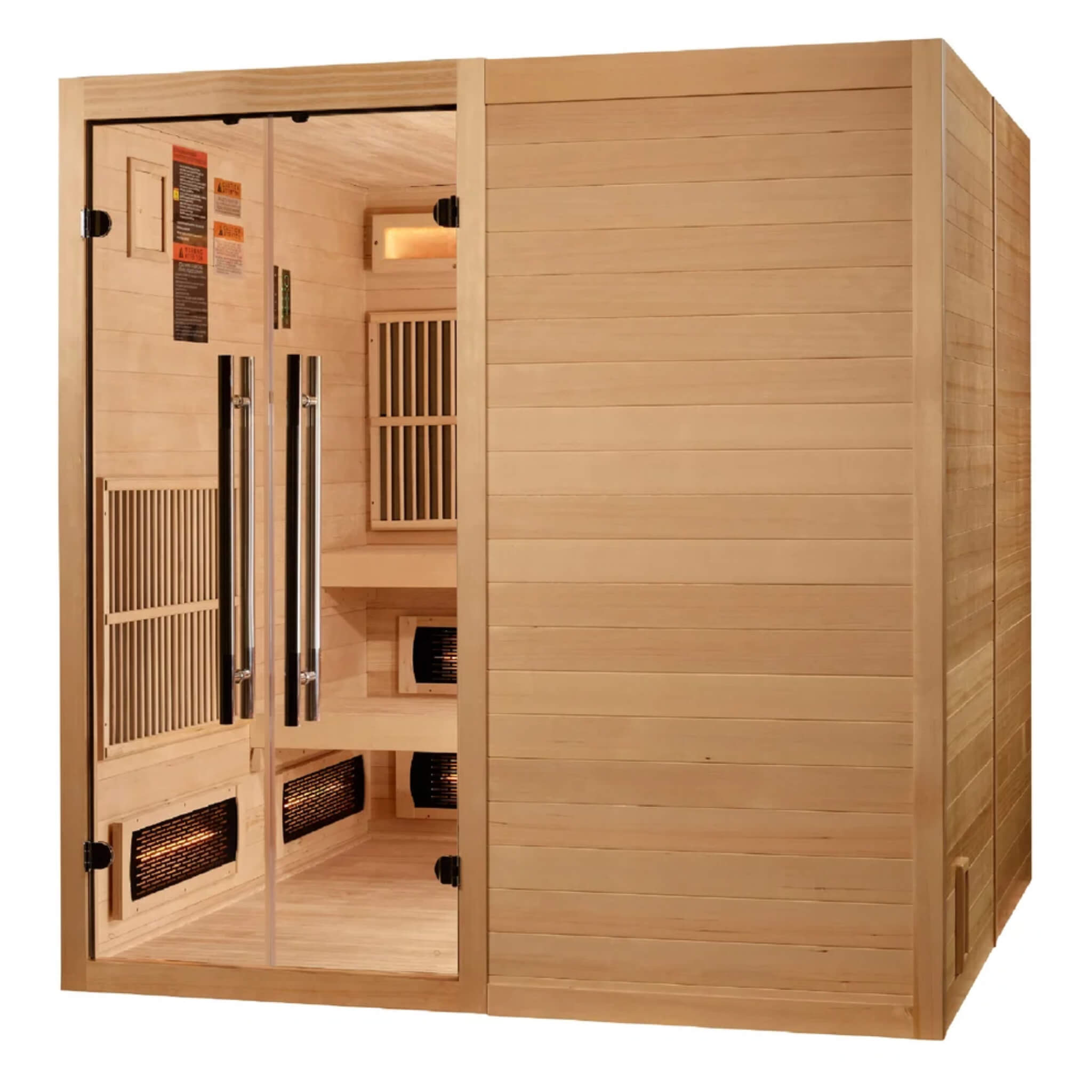Toledo 6 Person Hybrid Sauna three quarter angle view through the closed glass doors showing the full cabin depth and interior safety labeling