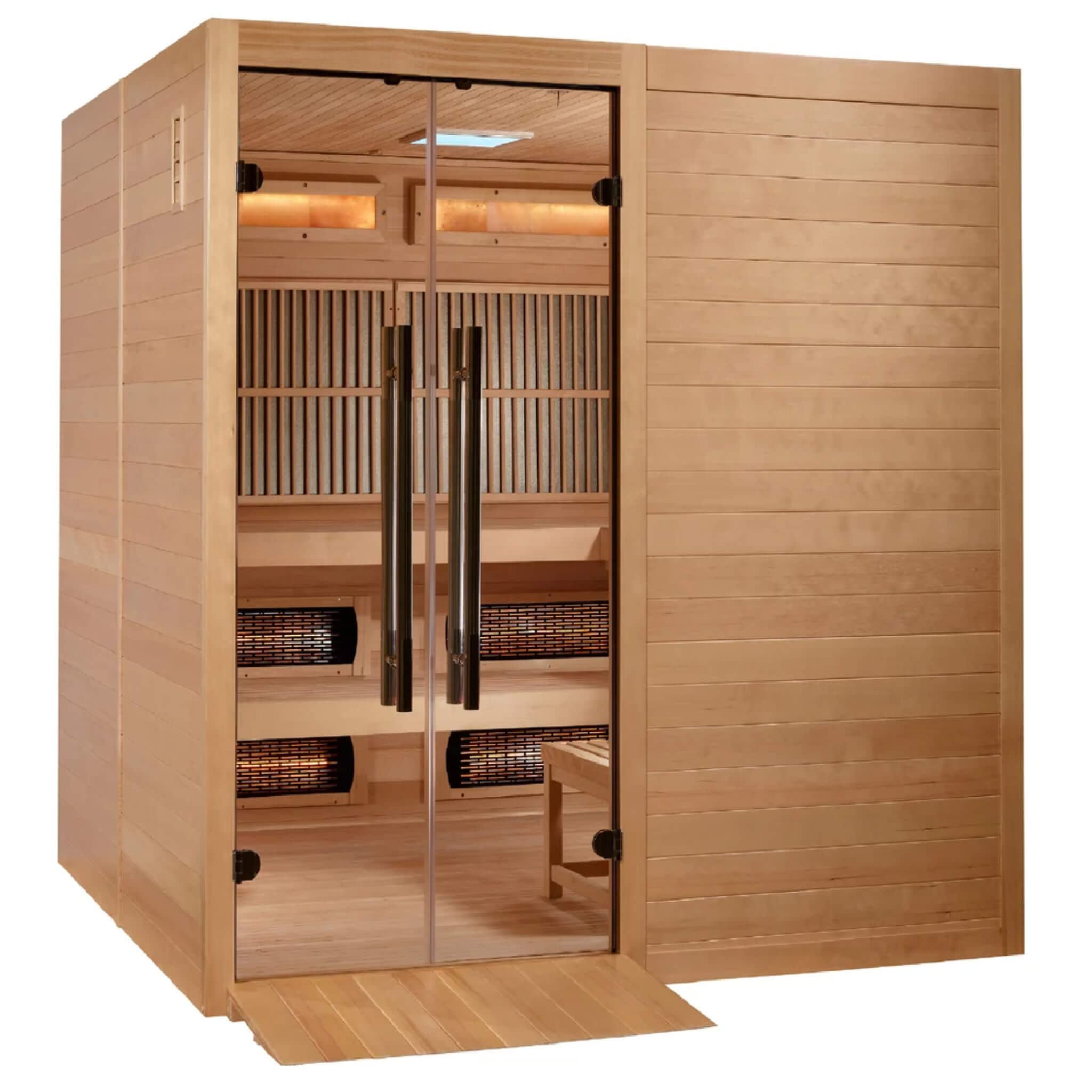 Toledo 6 Person Hybrid Sauna three quarter angle view with the double glass doors closed