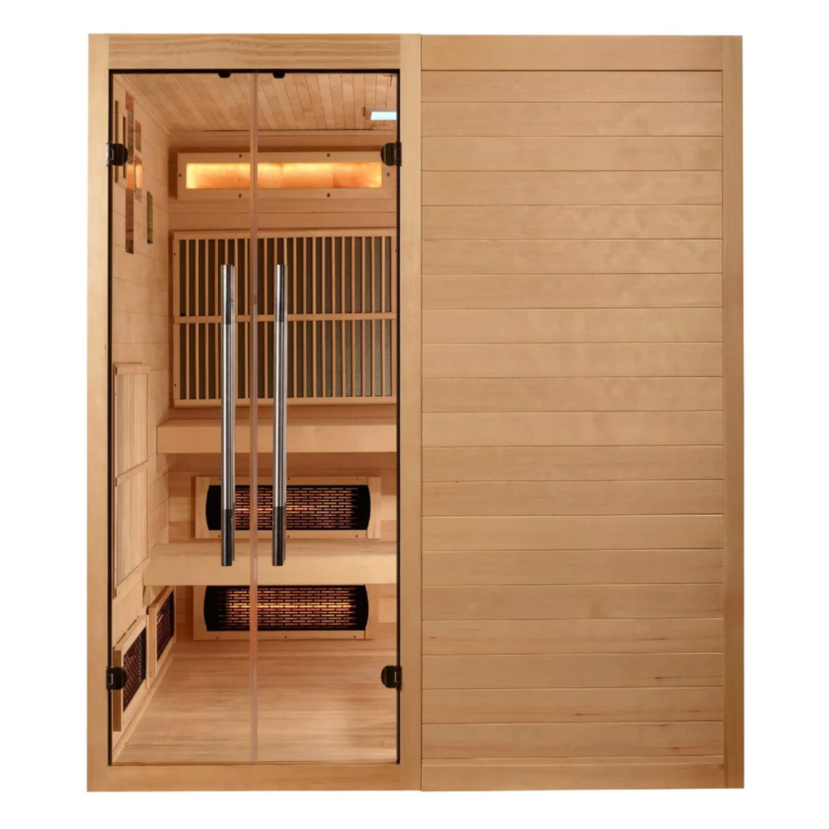 Toledo 6 Person Hybrid Sauna straight front view through the closed glass doors showing the two tier bench and infrared panels