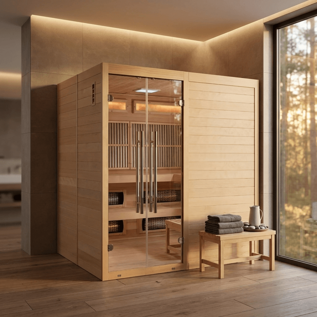 Toledo 6 Person Hybrid Sauna in a modern spa room with a window view and folded towels nearby
