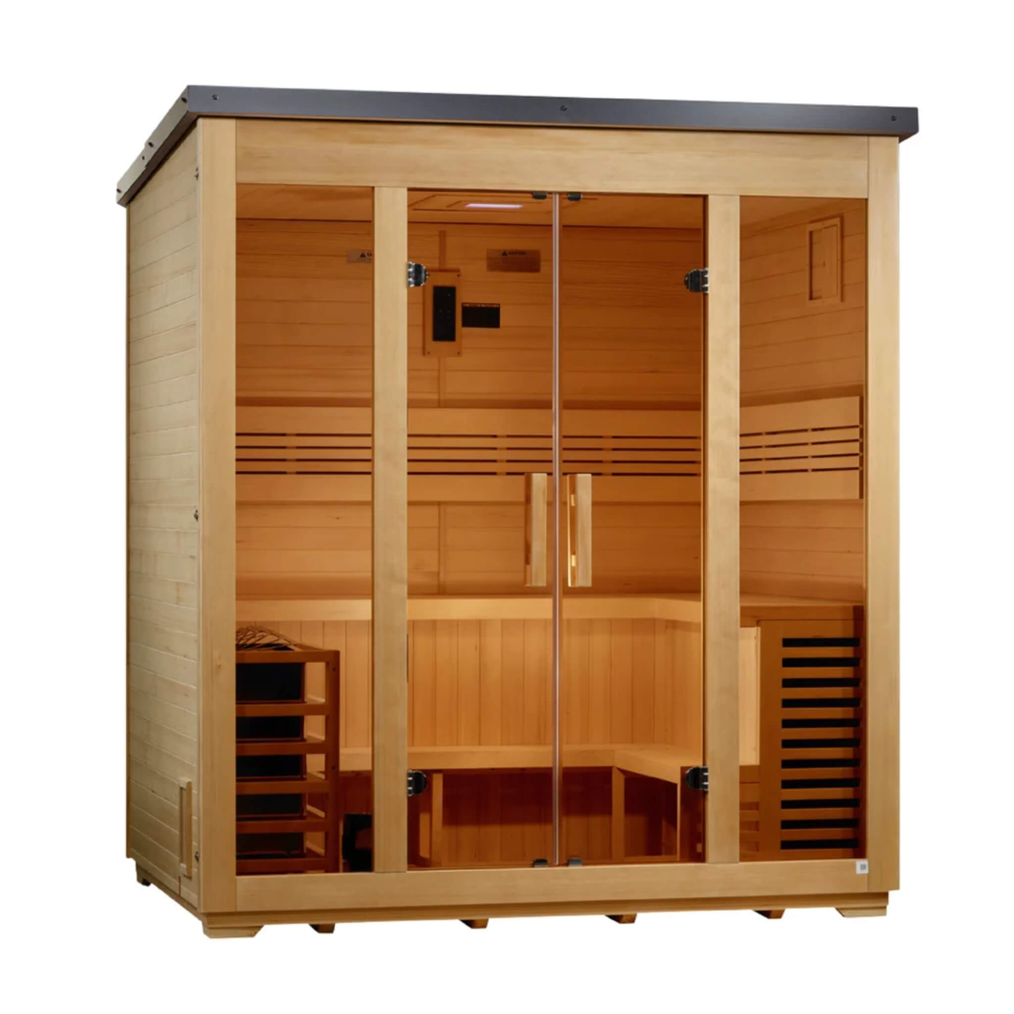 Vorarlberg Flat Roof 5 Person Traditional Outdoor Sauna angled view showing the exterior hemlock siding on the left side wall and the wood heater guard through the glass door