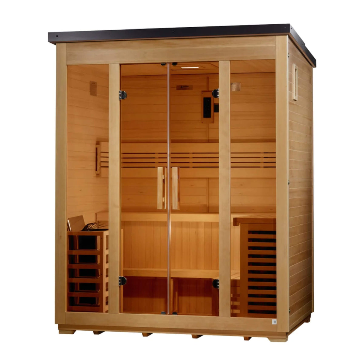 Vorarlberg Flat Roof 5 Person Traditional Outdoor Sauna angled view showing the exterior hemlock siding and roof vent on the right side wall
