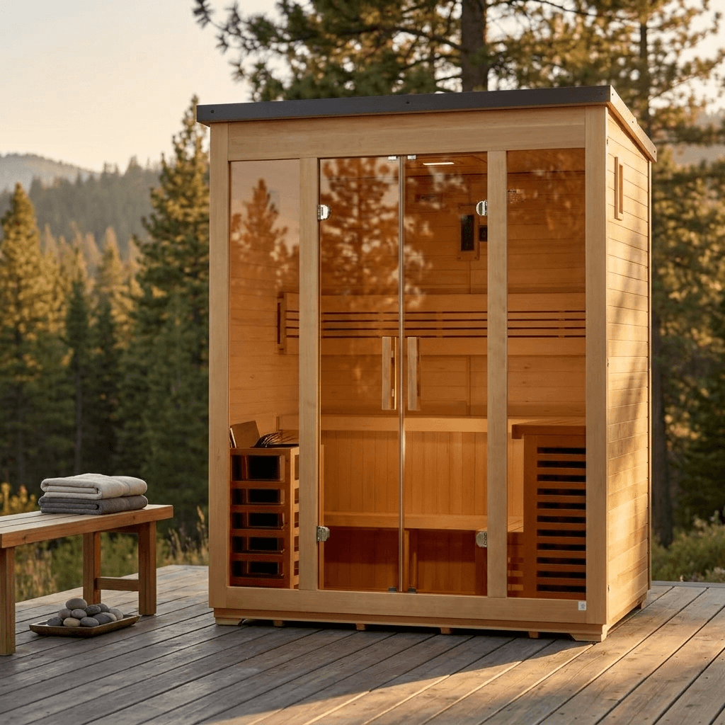 Vorarlberg Flat Roof 5 Person Traditional Outdoor Sauna on a forest deck at sunset with towels and stones nearby