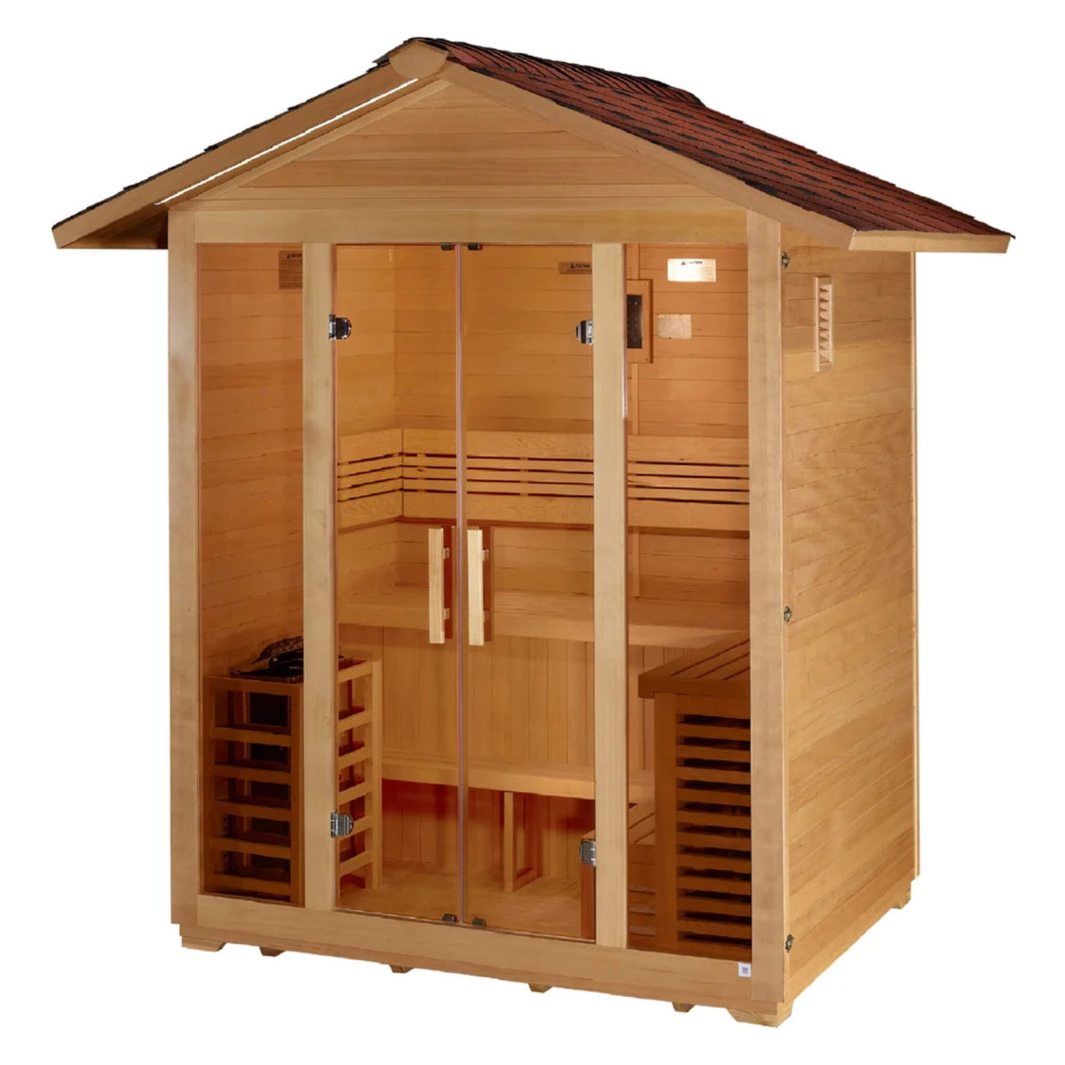Vorarlberg 5 Person Traditional Outdoor Sauna angled view showing the main bench and L-shaped corner bench through the glass door