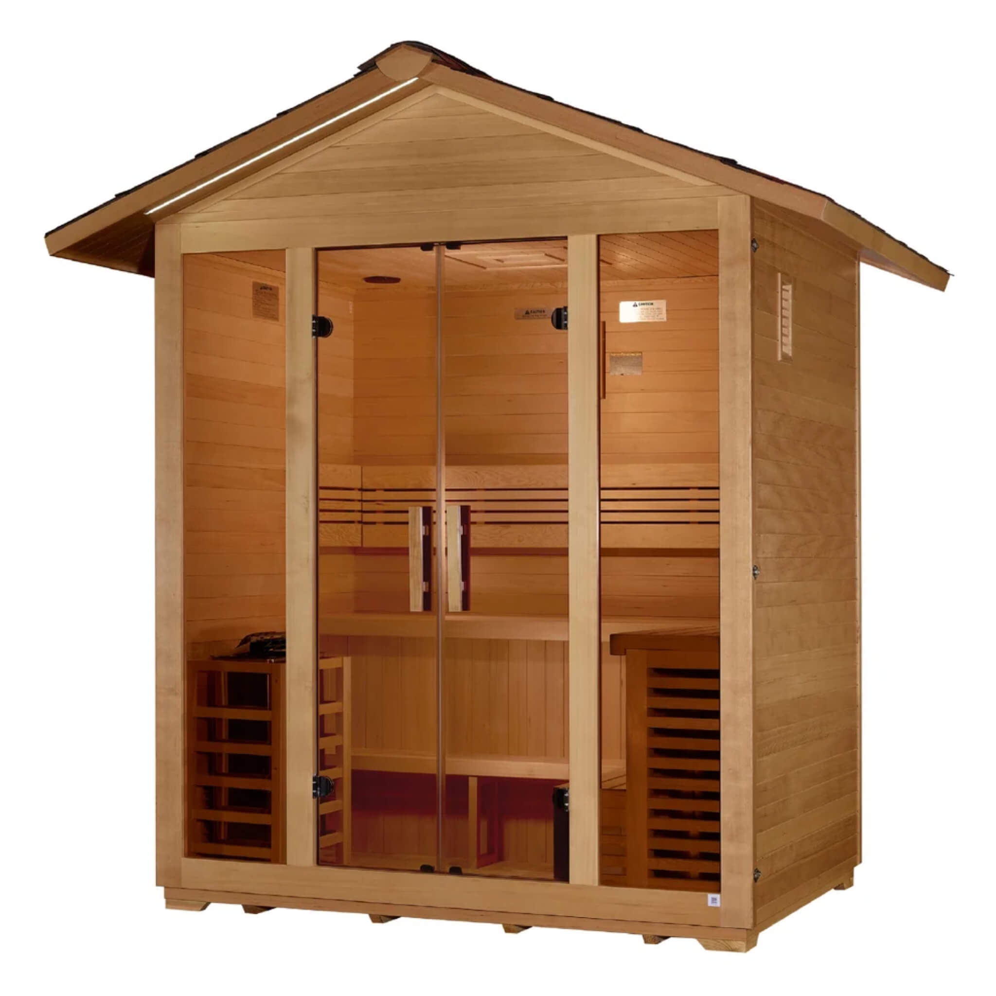 Vorarlberg 5 Person Traditional Outdoor Sauna angled view showing the exterior hemlock siding on the right side wall and roof vent