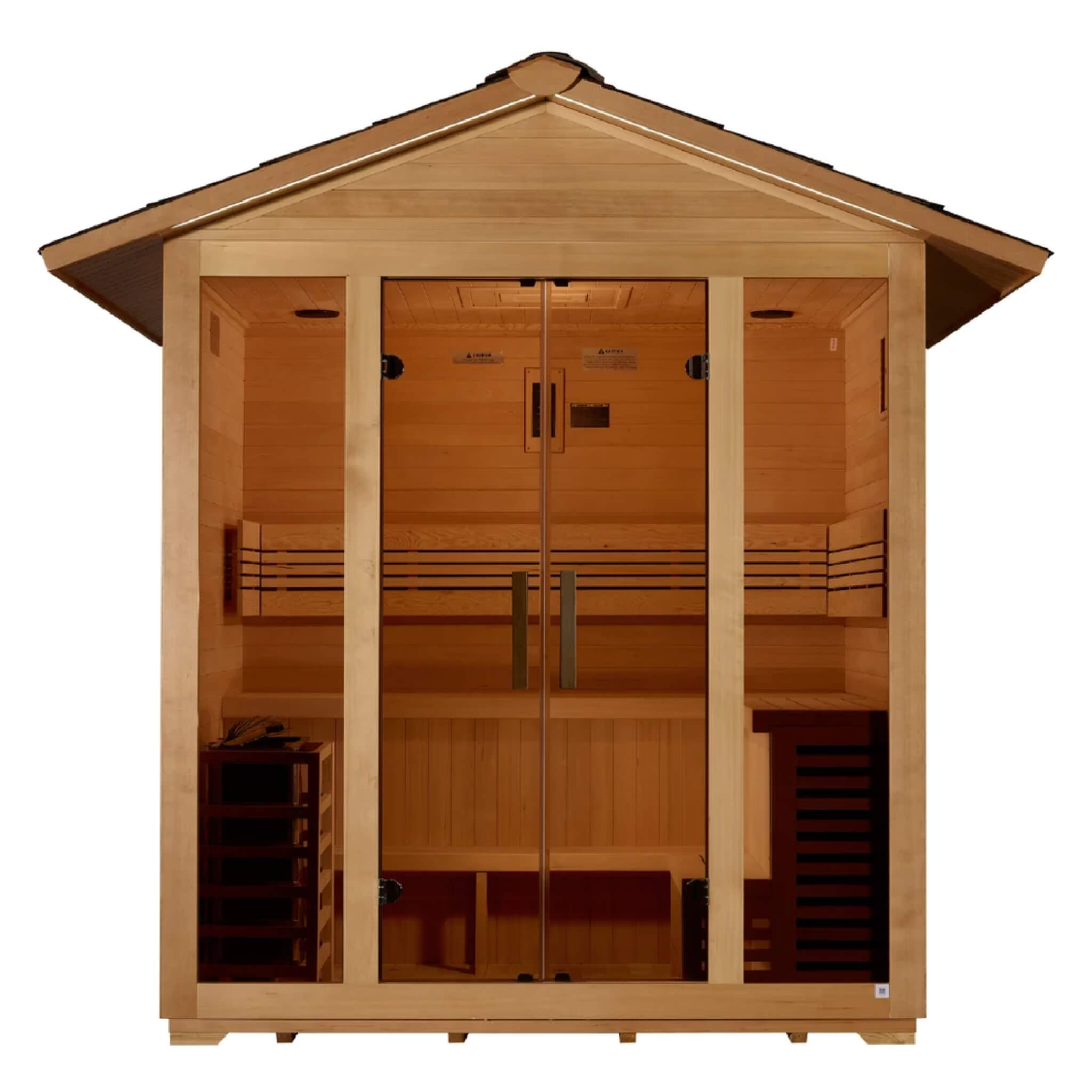 Vorarlberg 5 Person Traditional Outdoor Sauna straight front view showing the double glass doors and Canadian Hemlock interior