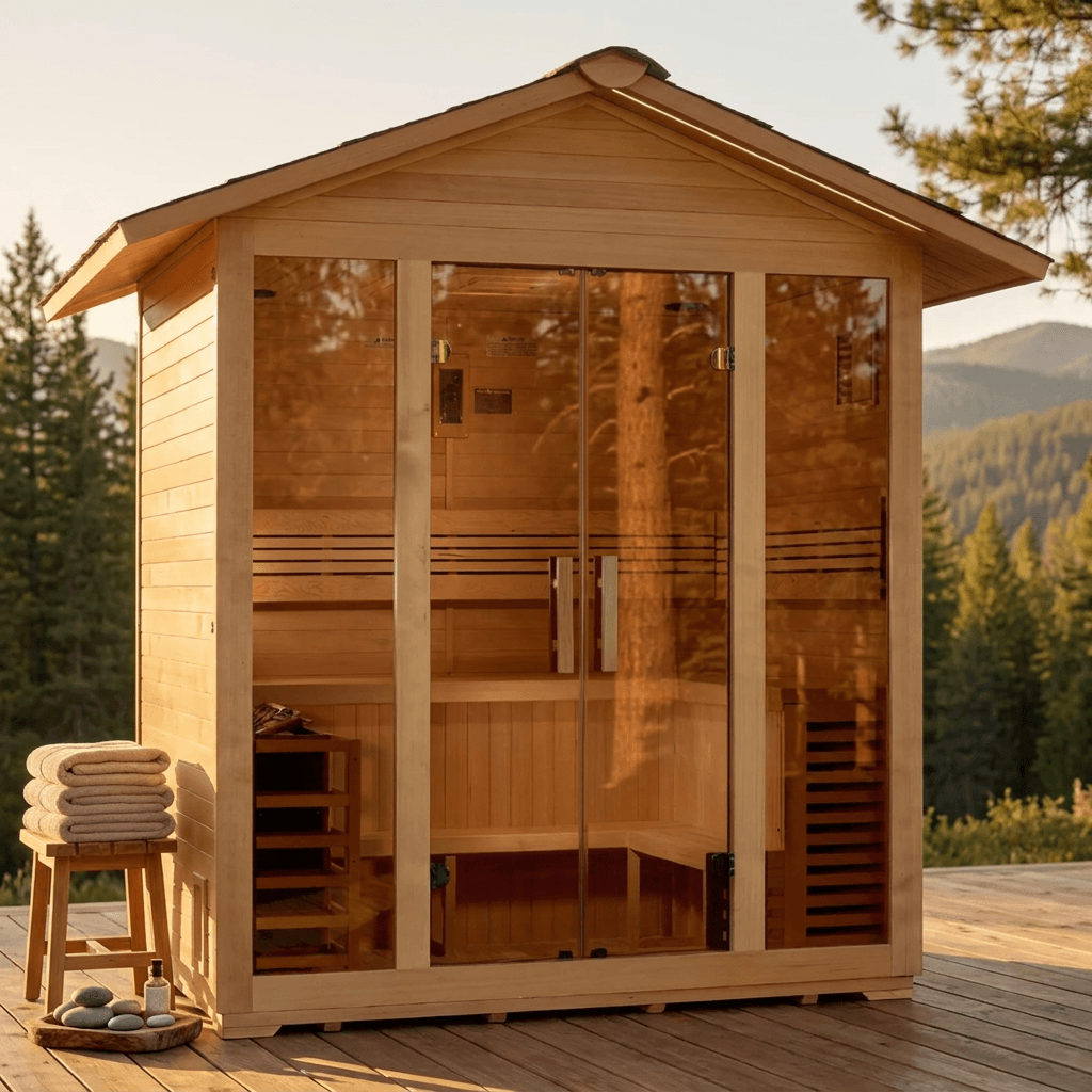 Vorarlberg 5 Person Traditional Outdoor Sauna on a mountain deck at sunset with folded towels and stones nearby