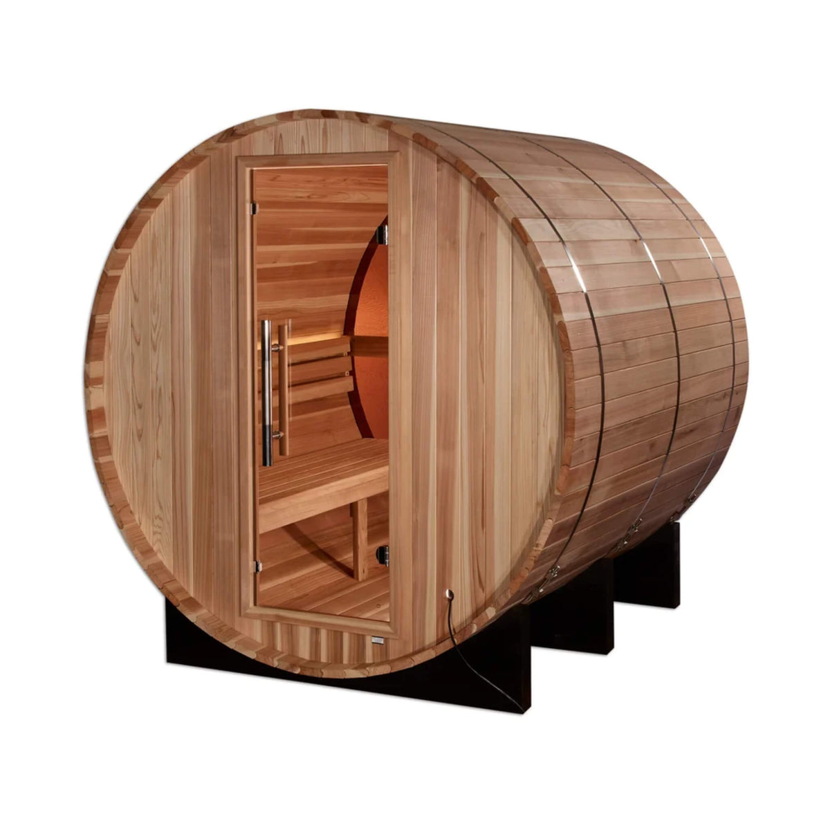 Zurich 4 Person Barrel Sauna angled view showing the front wood panel and glass door