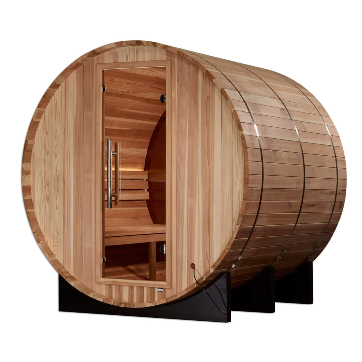 Zurich 4 Person Barrel Sauna angled view from the opposite side showing the front wood panel and glass door