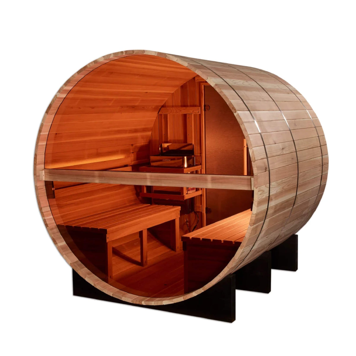 Zurich 4 Person Barrel Sauna interior view through the glass door showing the bench and heater